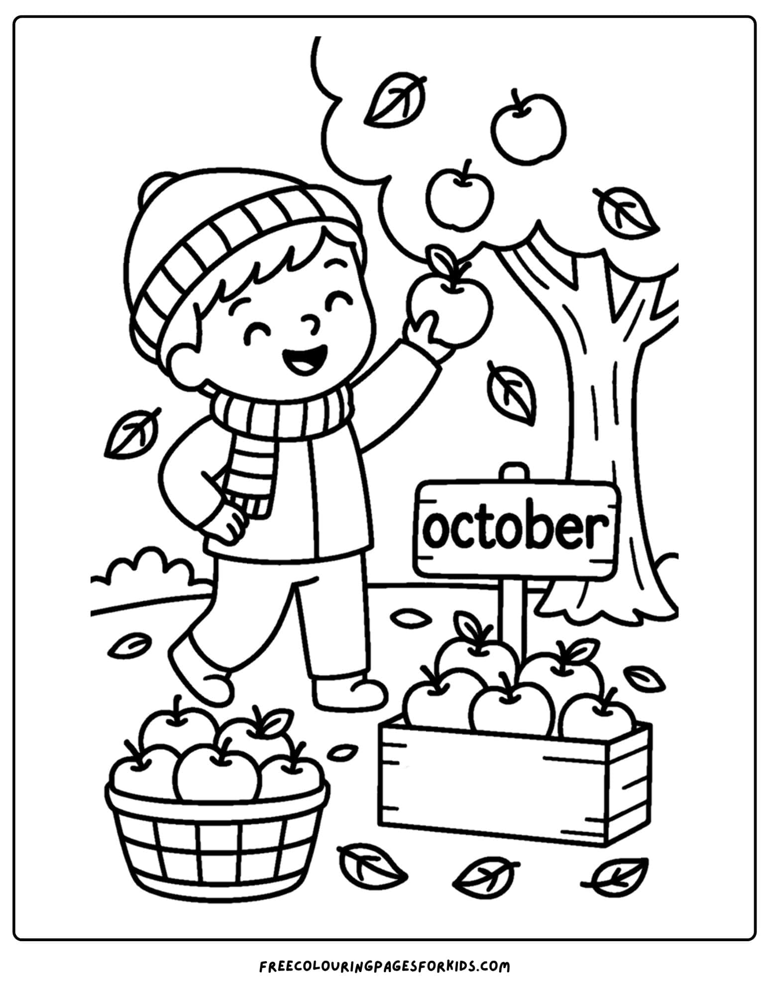 an october coloring page of a child picking apples from a tree