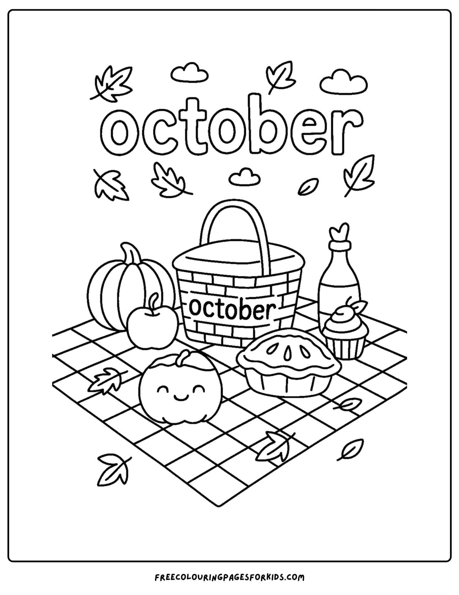 an october coloring page of a fall picnic scene