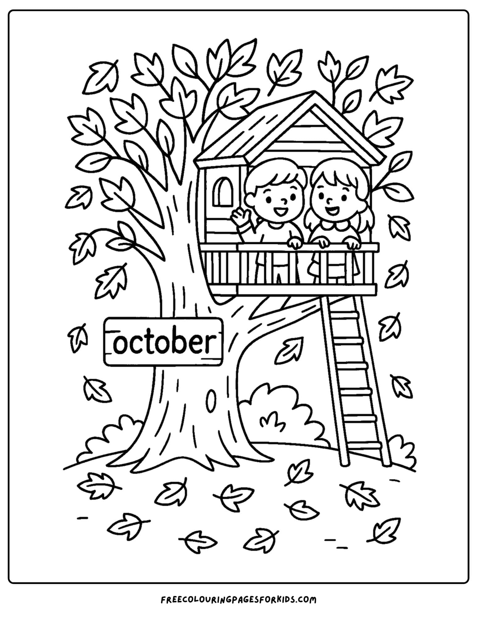 an october coloring page of kids in a tree house