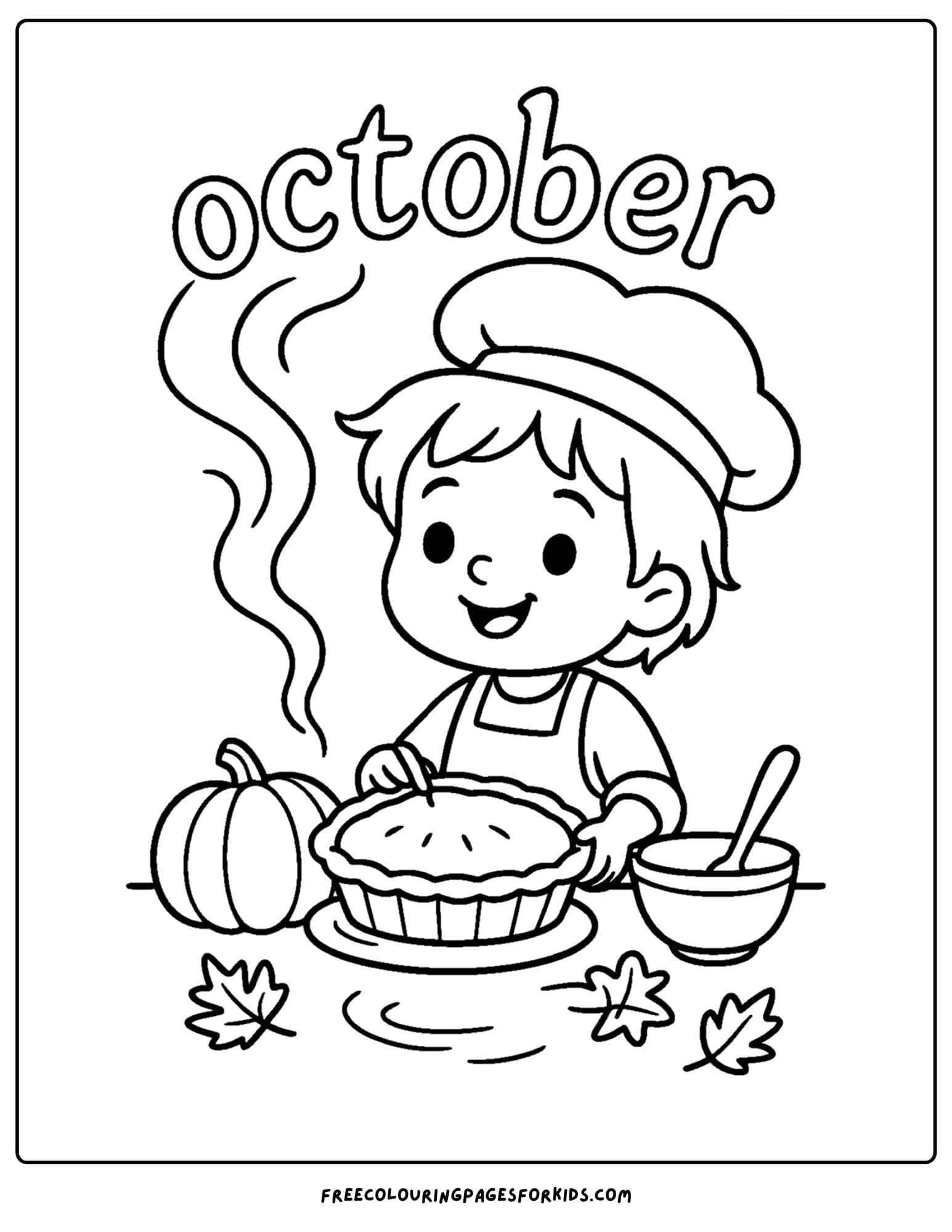 an october coloring page of a child baking a pumpkin pie