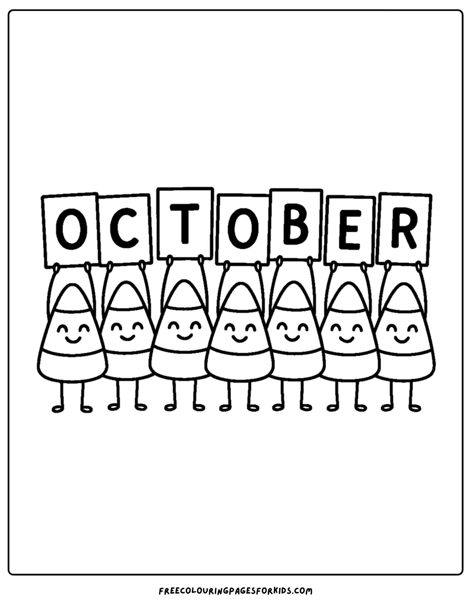 an october coloring page of candy corn holding an october sign