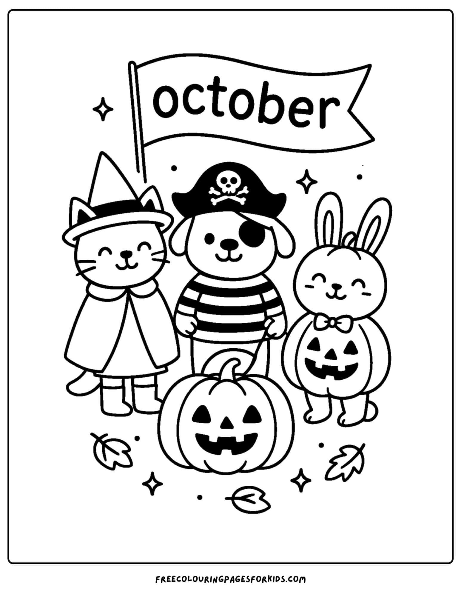 an october coloring page of costumed animals