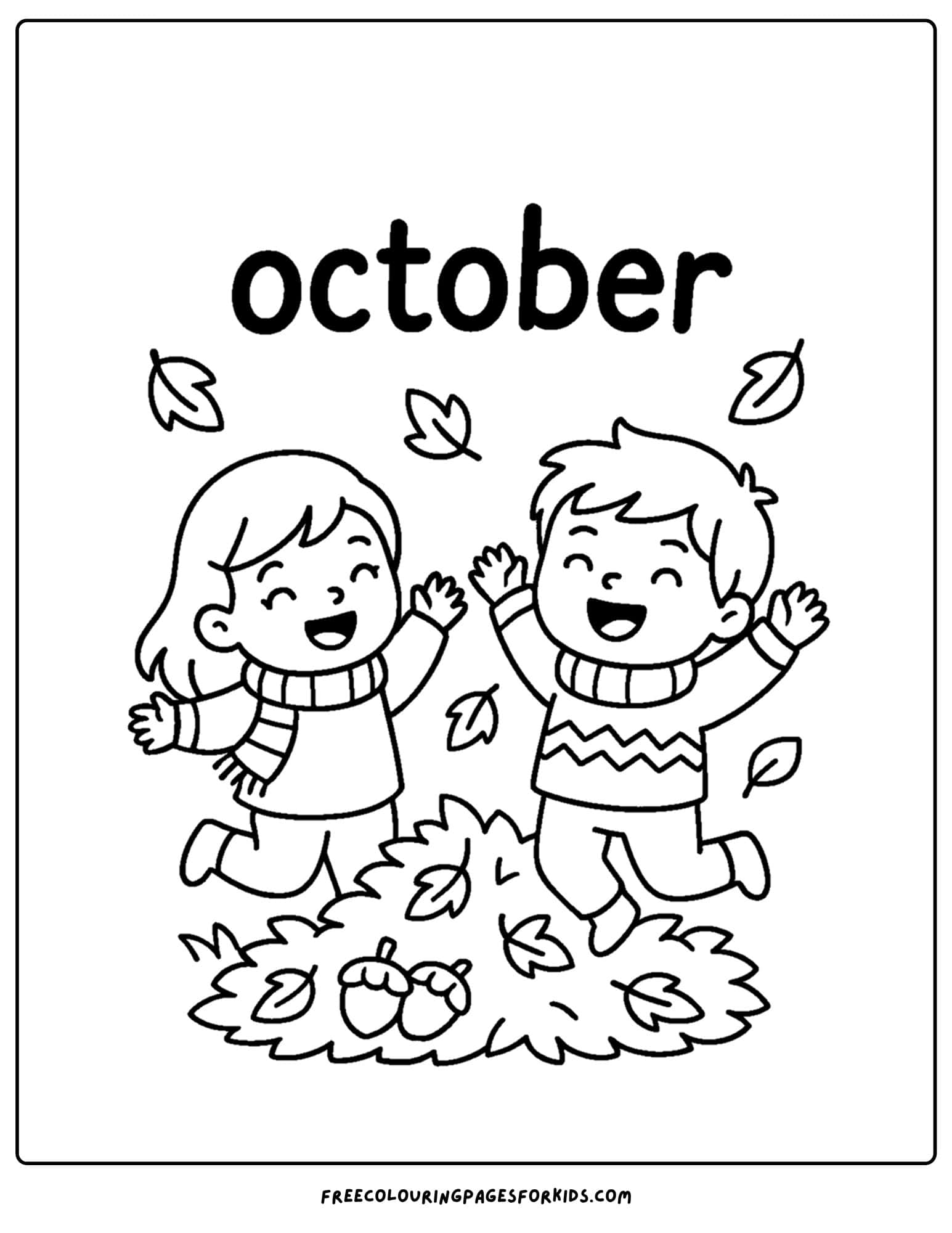 an october coloring page of kids jumping in leaves