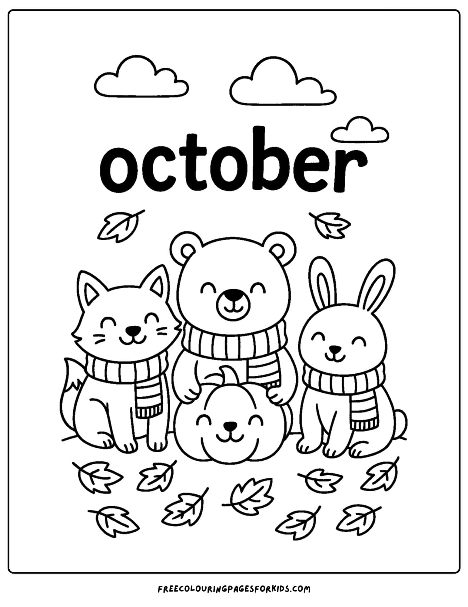 an october coloring page of animals cuddling together with warm clothes