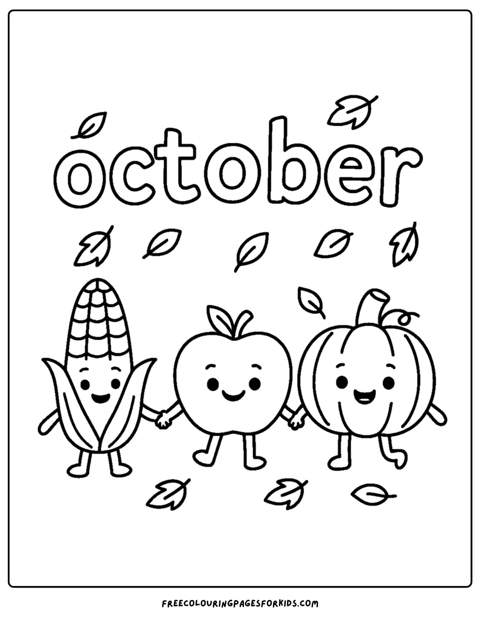 an october coloring page of vegetables holding hands
