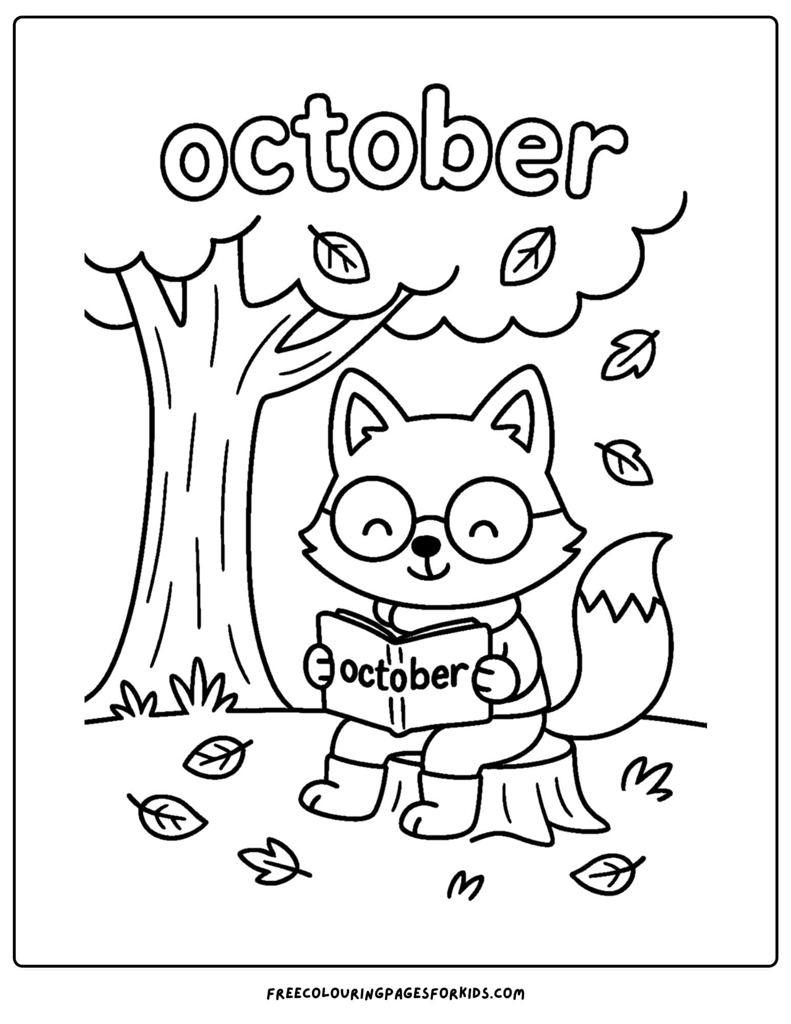 an october coloring page of a fox reading a book under a tree