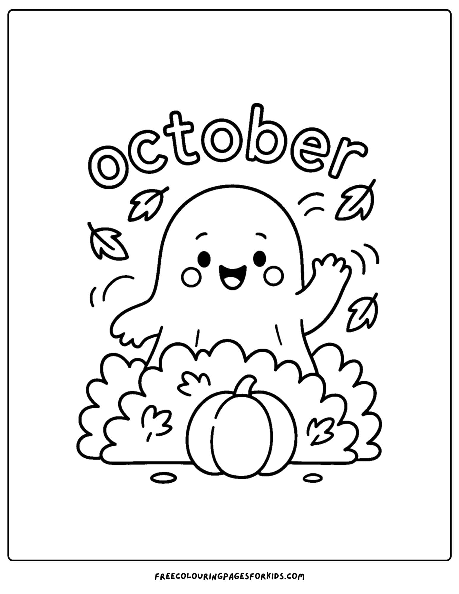 an october coloring page of a ghost jumping out from behind bushes