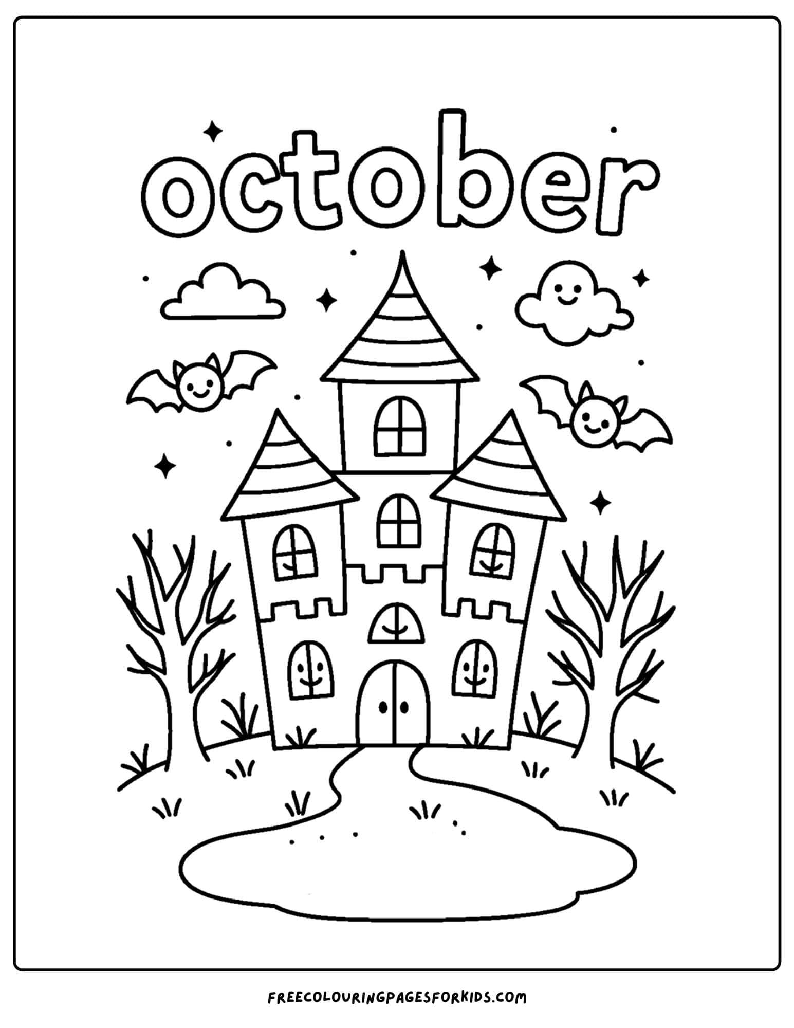 an october coloring page of a haunted house