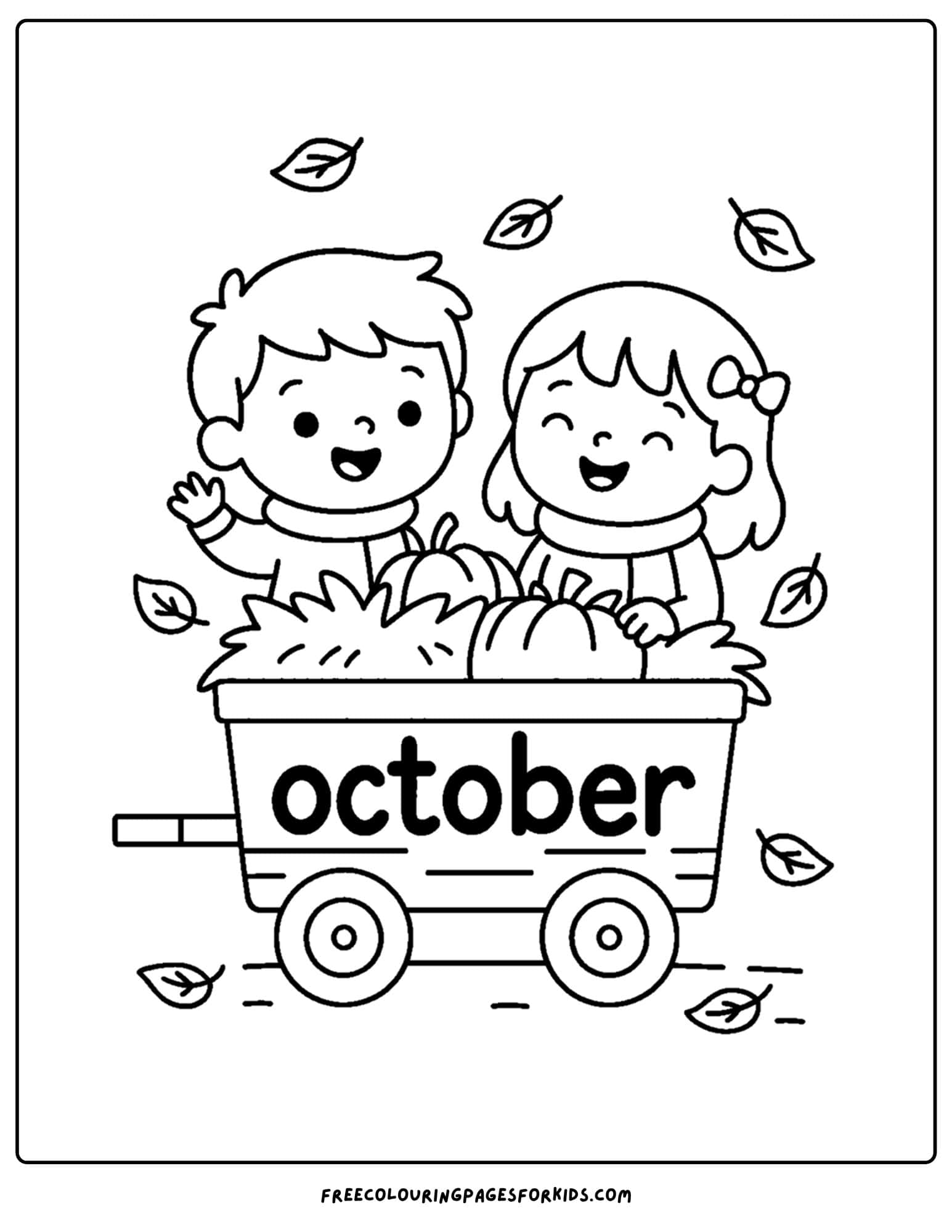 an october coloring page of kids sitting in a hay cart