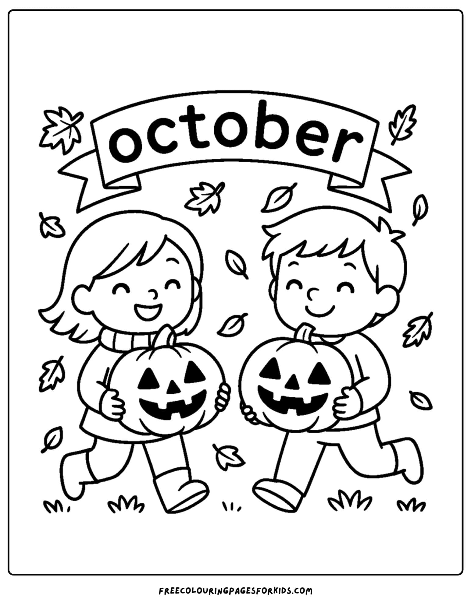 an october coloring page of a kids carrying jack o lanterns