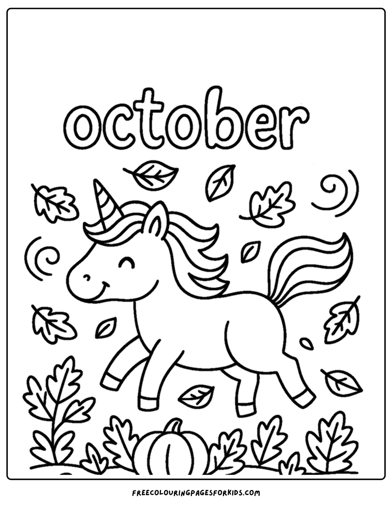 an october coloring page of a magic fall unicorn