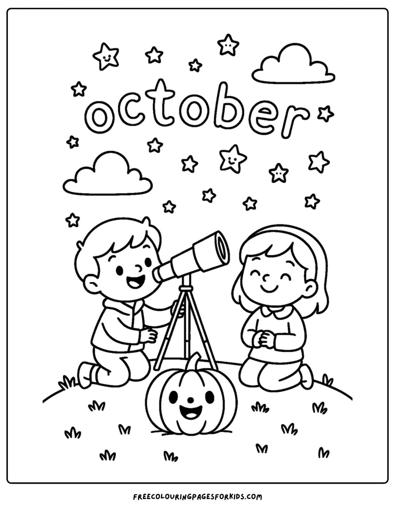 an october coloring page of kids looking at the stars