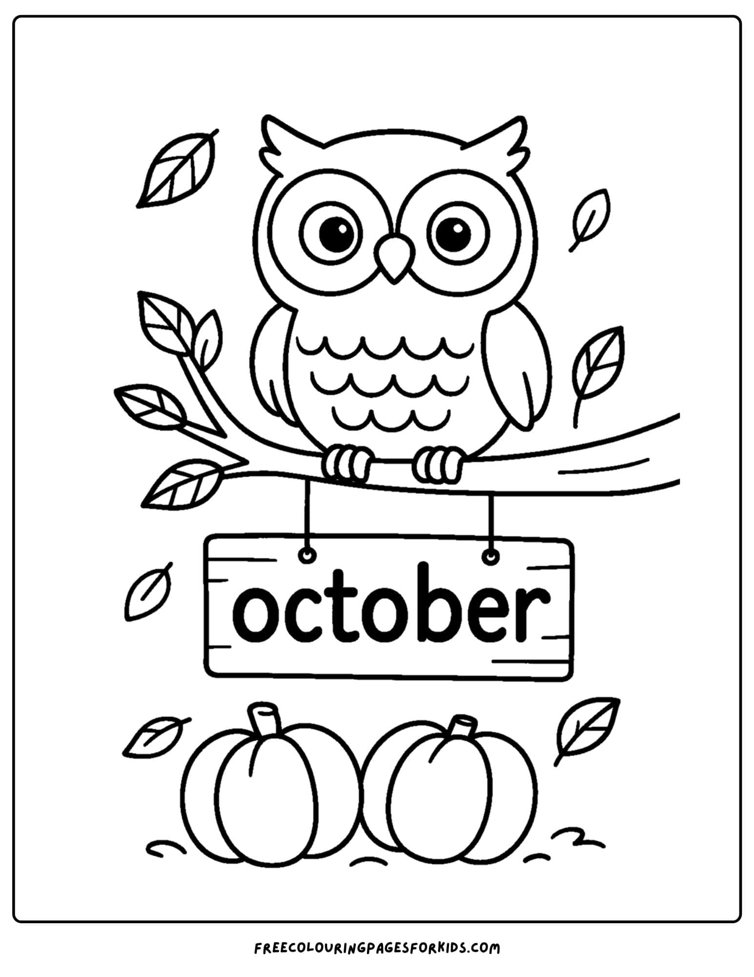 an october coloring page of an owl sitting on a branch