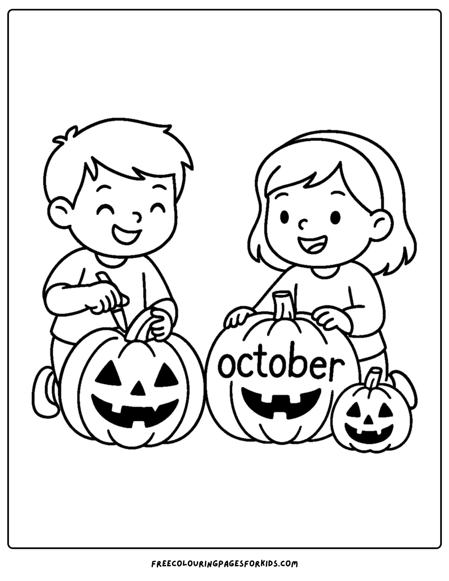 an october coloring page of kids carving pumpkins