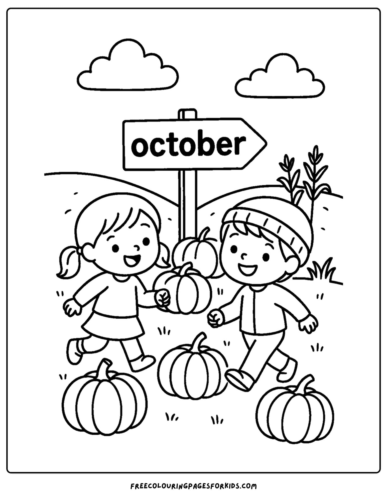 an october coloring page of kids visiting a pumpkin patch