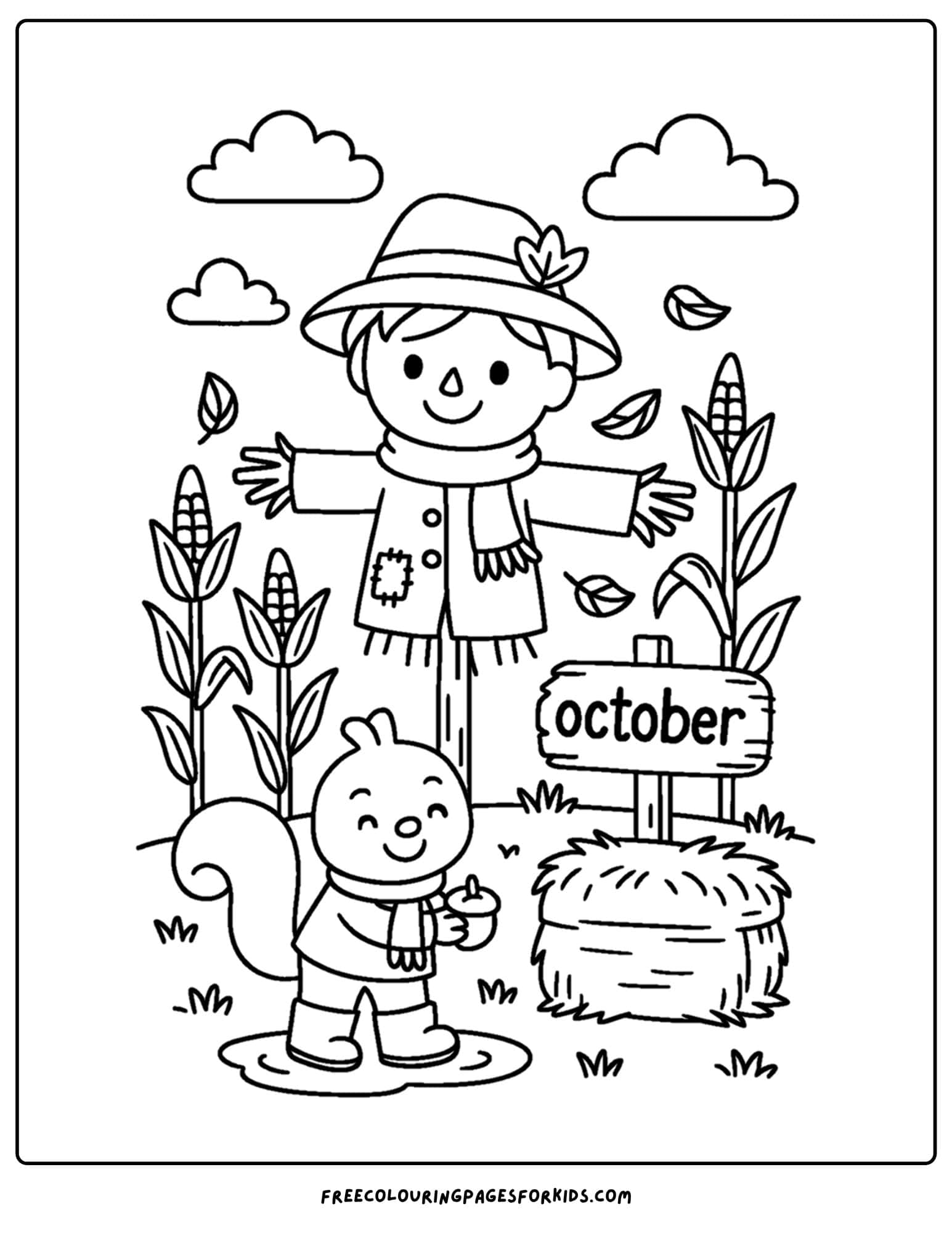 an october coloring page of a scarecrow in a field