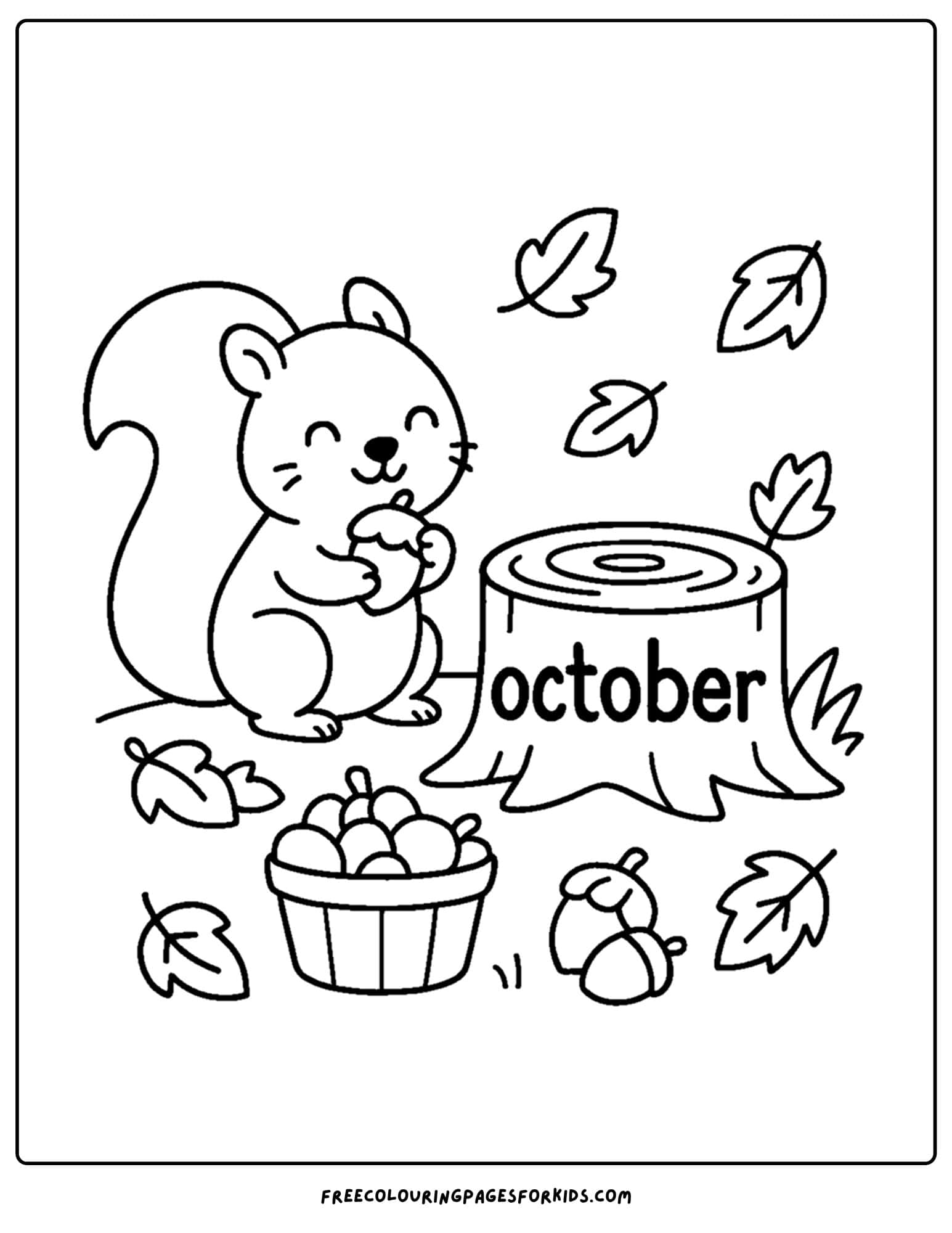 an october coloring page of a squirrel gathering acorns