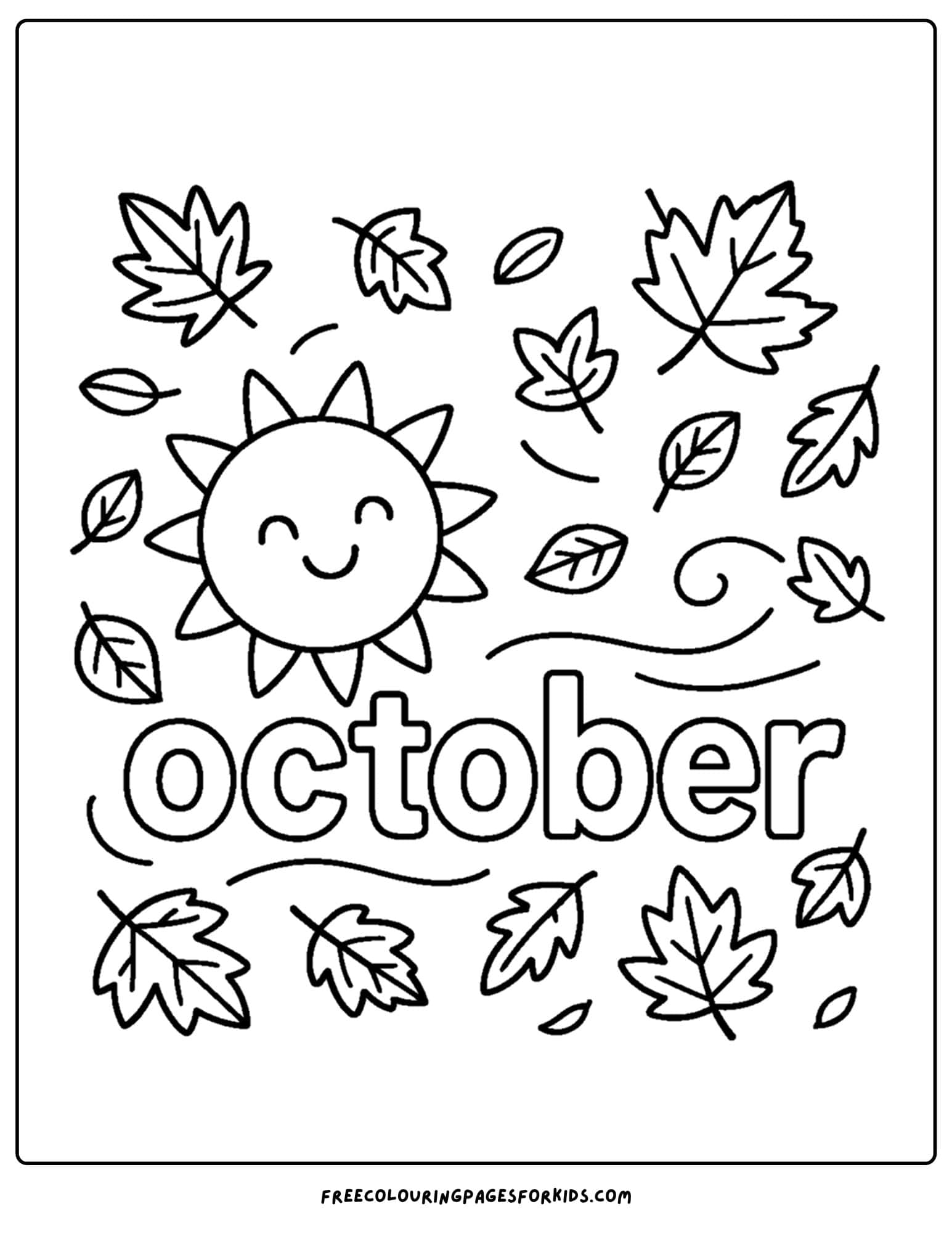 an october coloring page of a sun with falling leaves blowing around