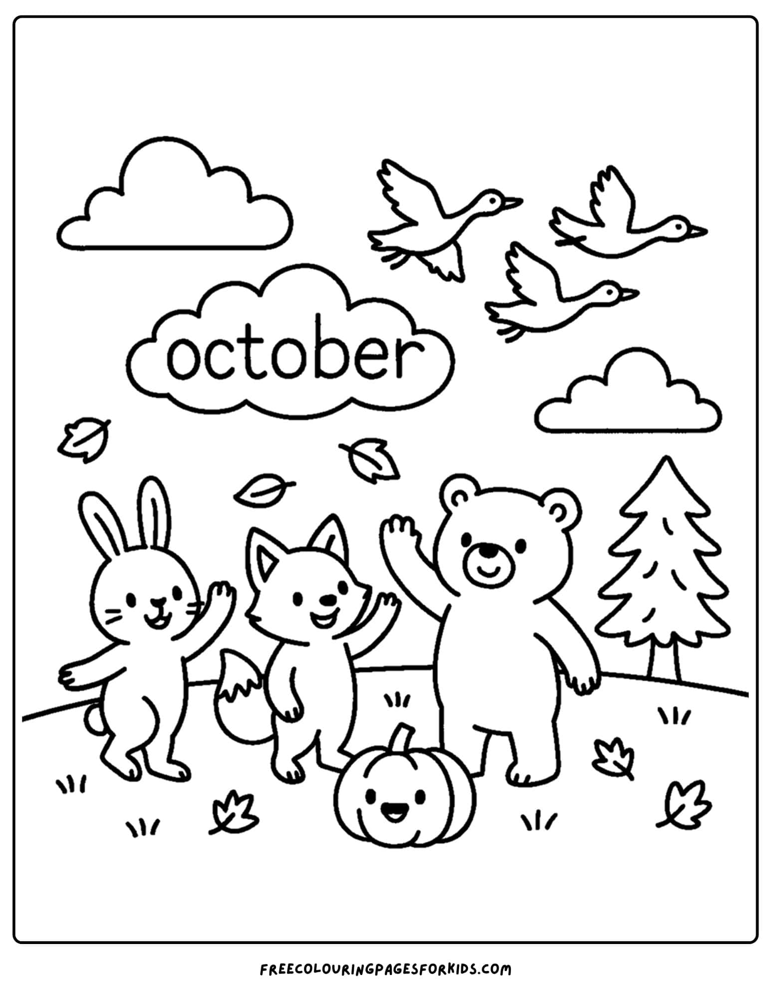 an october coloring page of a wild animals waving hello in the forest