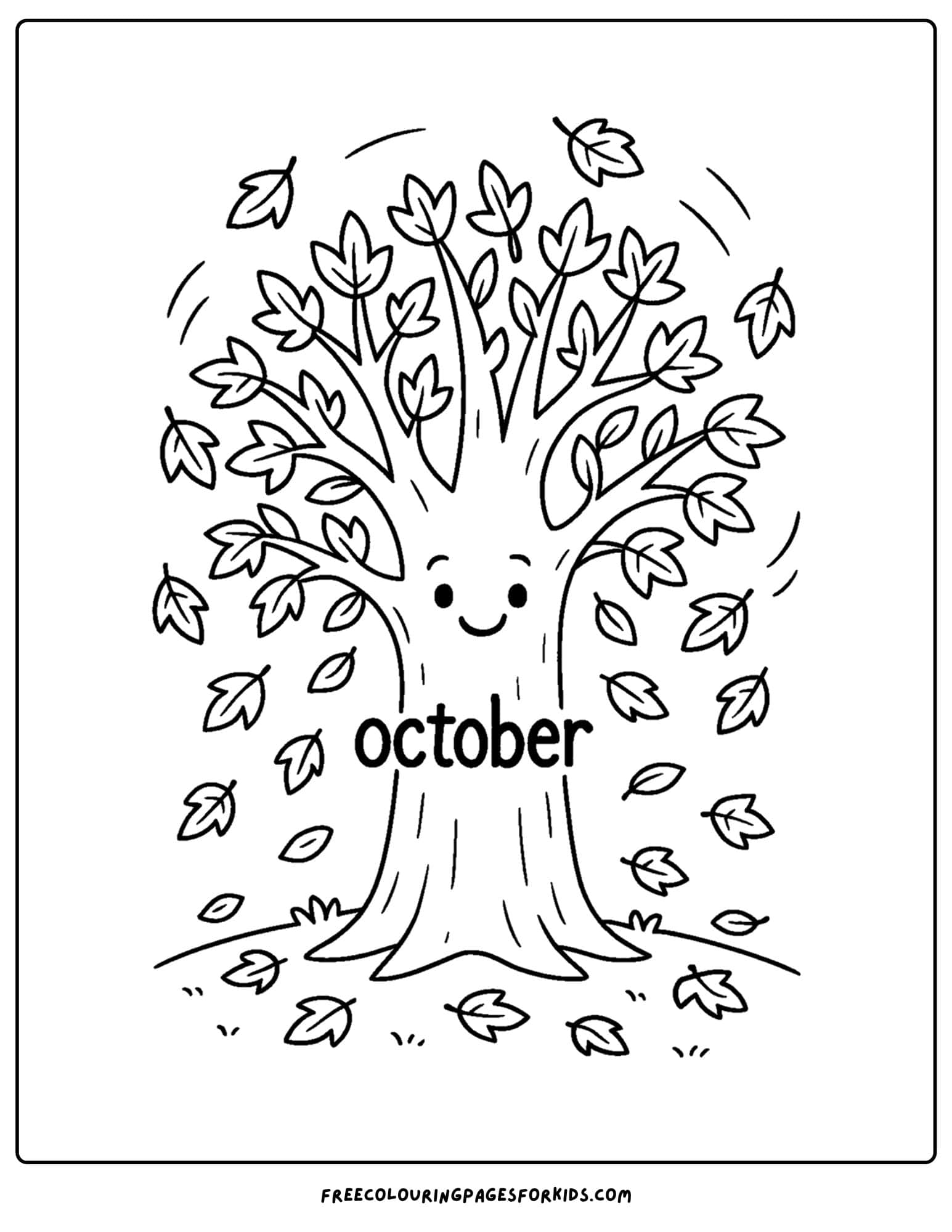 an october coloring page of a big tree with falling leaves