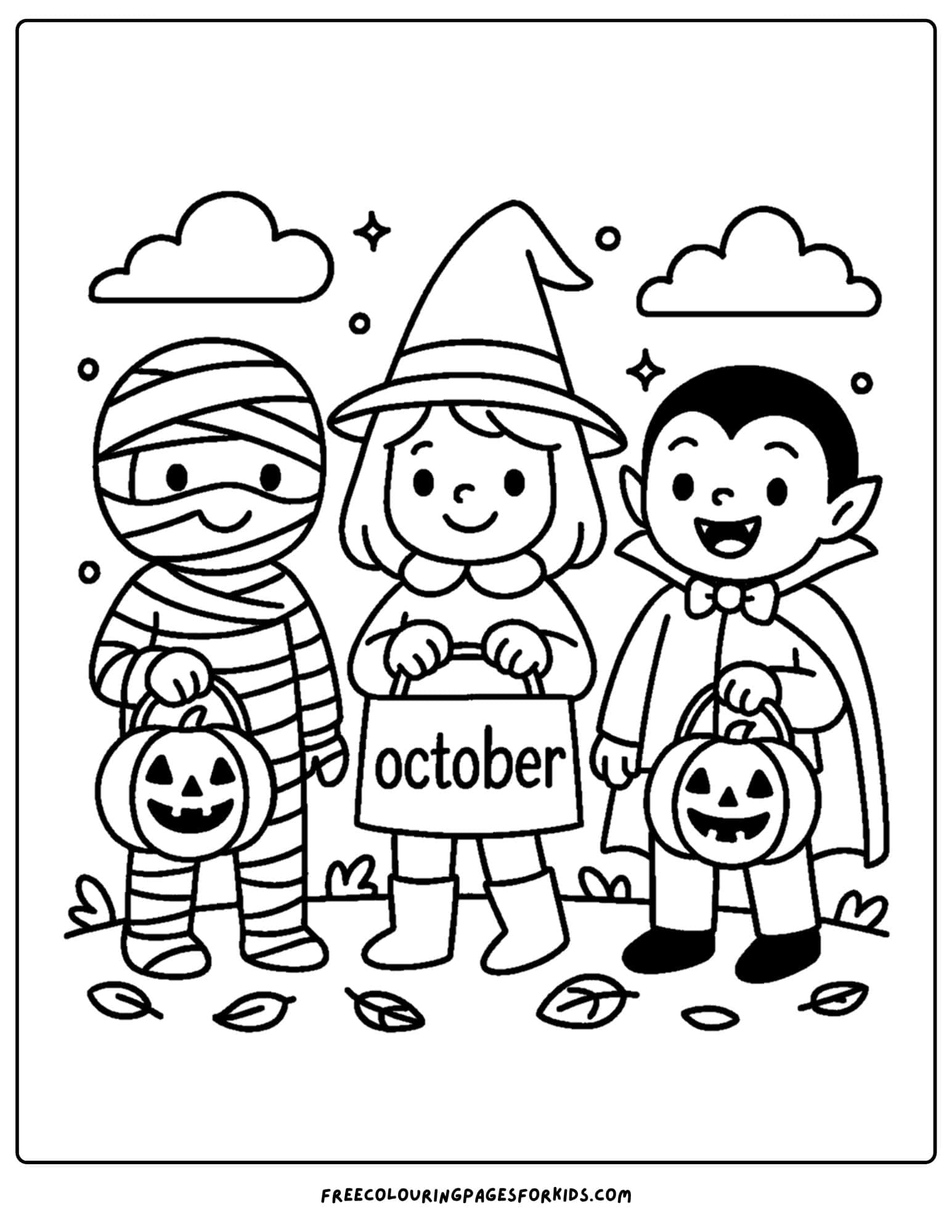 an october coloring page of a kids dressed up for trick or treating