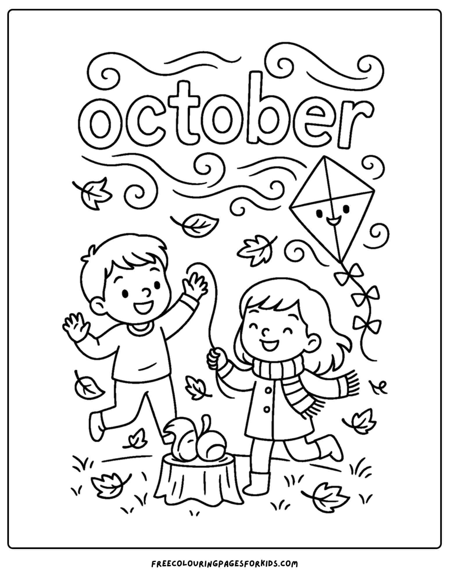 an october coloring page of a windy day with kids flying a kite