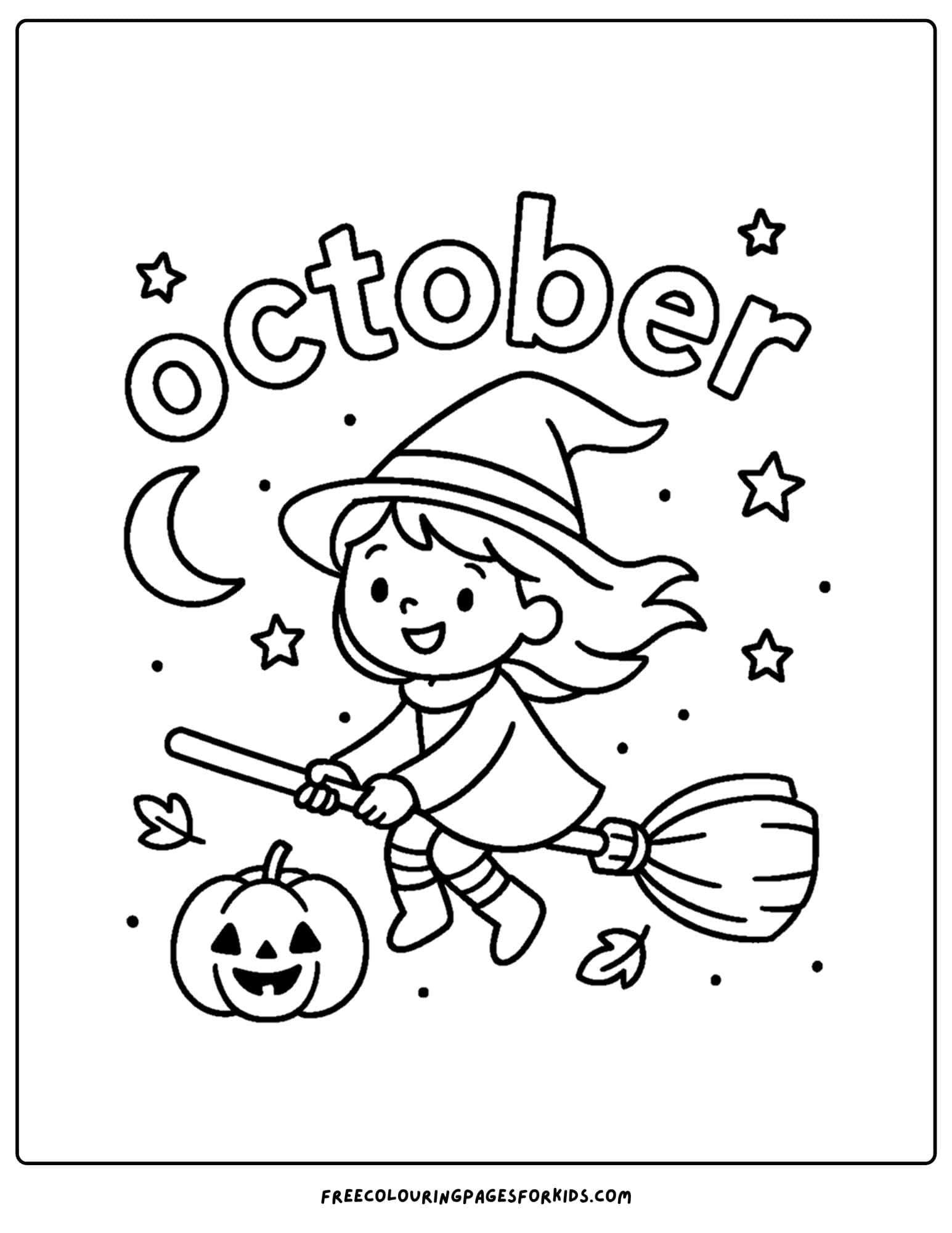 an october coloring page of a witch riding a broomstick