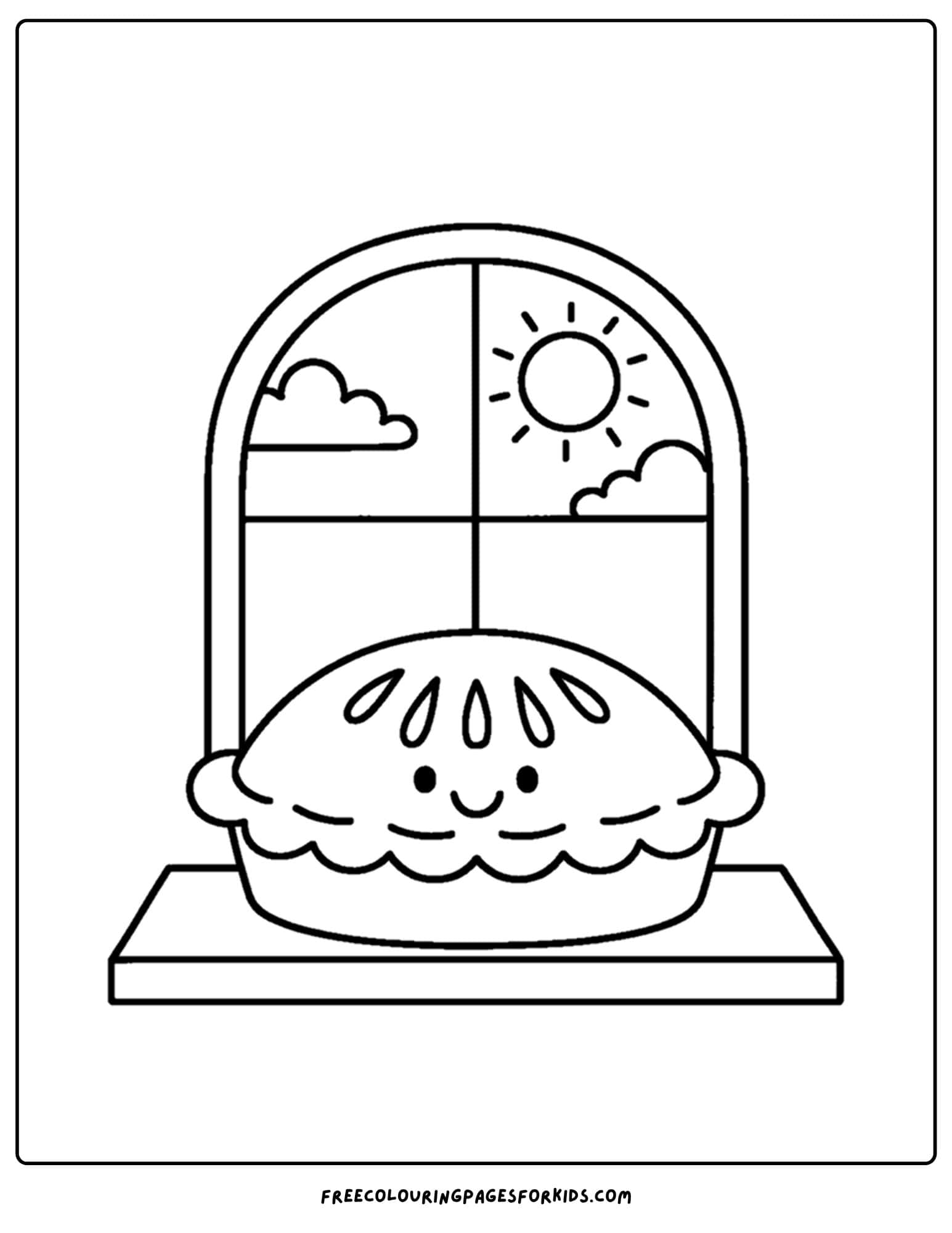 an orchard themed coloring page featuring an apple pie on a windowsill
