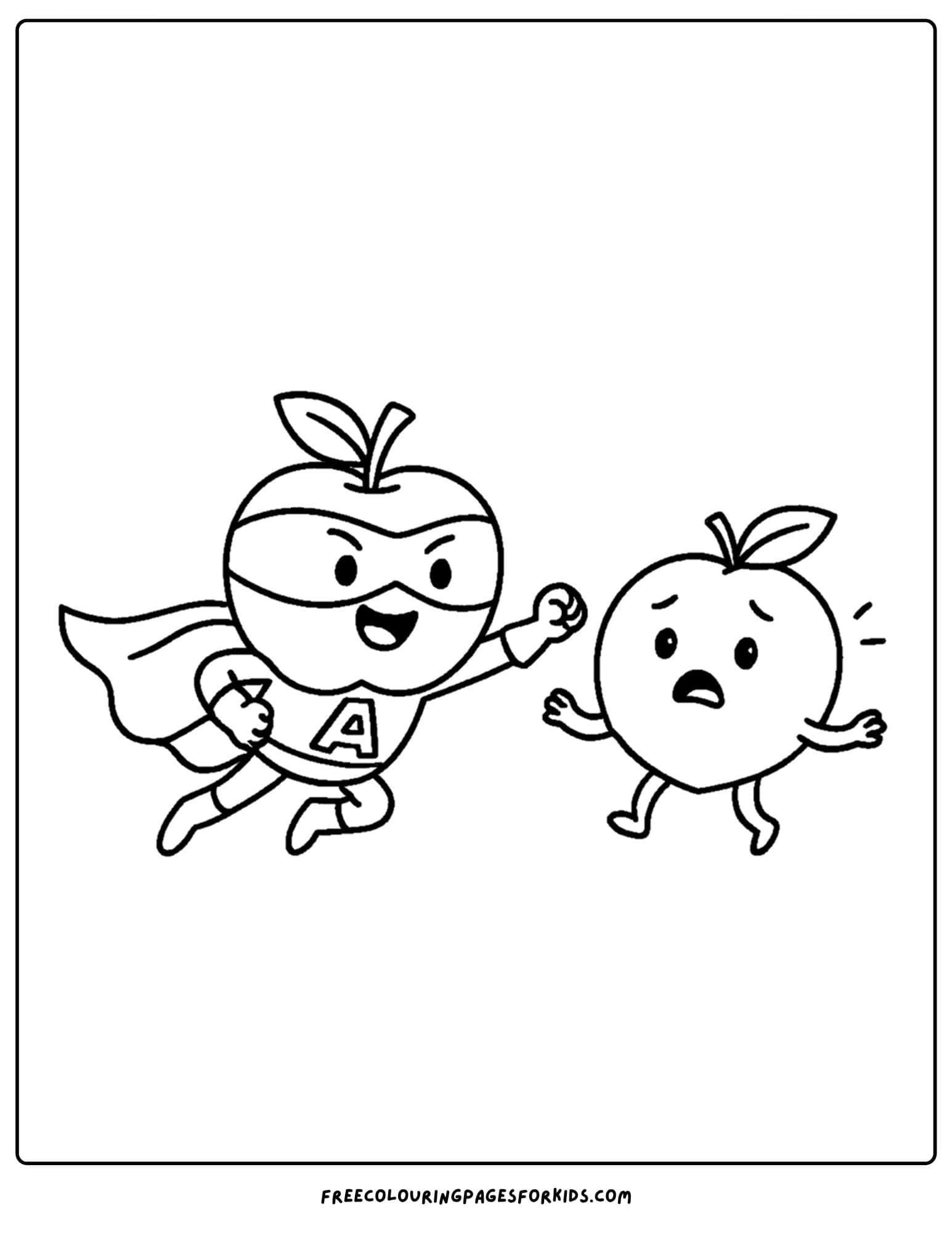 an orchard themed coloring page featuring a superhero apple rescuing a peach