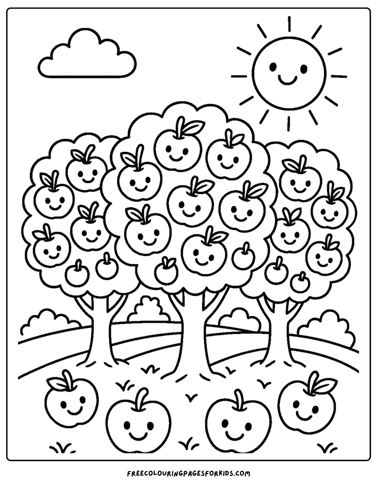 an orchard themed coloring page featuring an orchard of smiling fruit