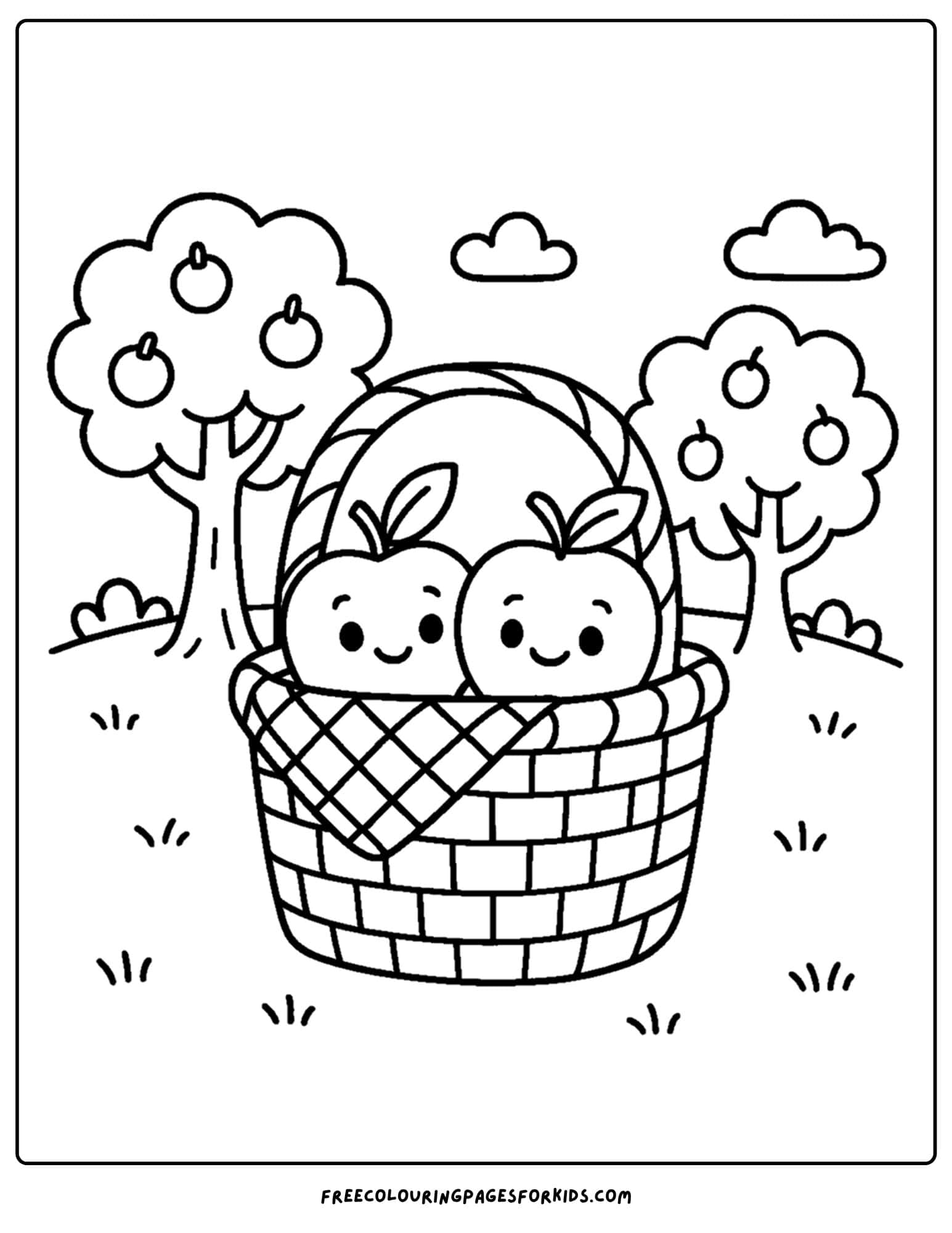 an orchard themed coloring page featuring apples in a basket