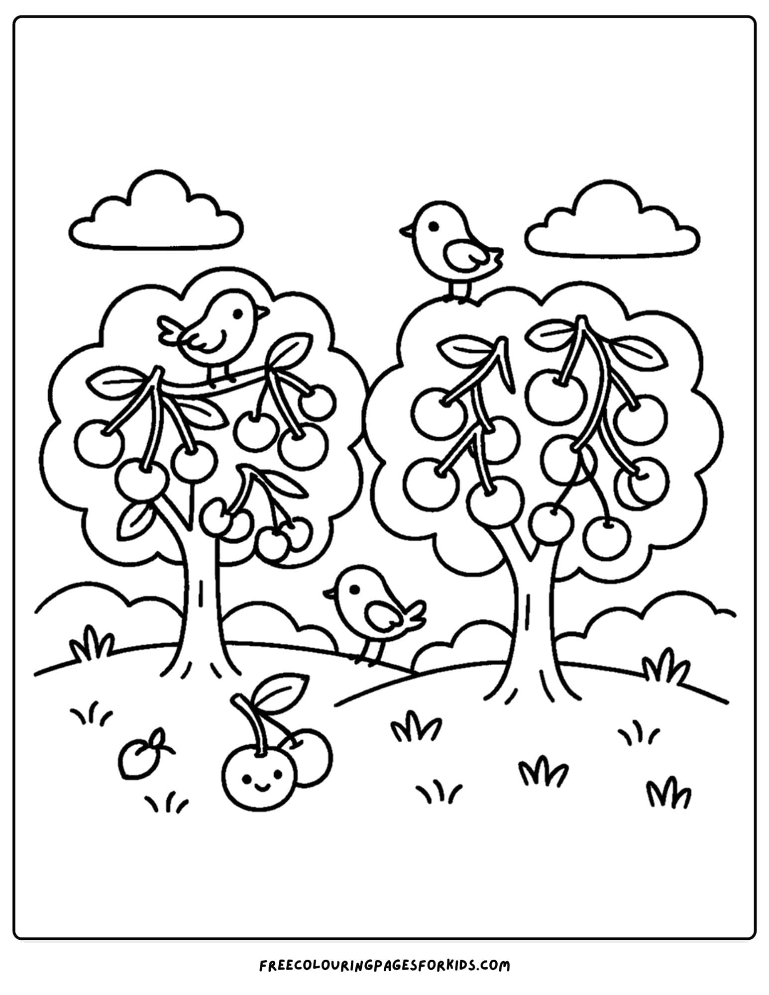 an orchard themed coloring page featuring a cherry tree with birds