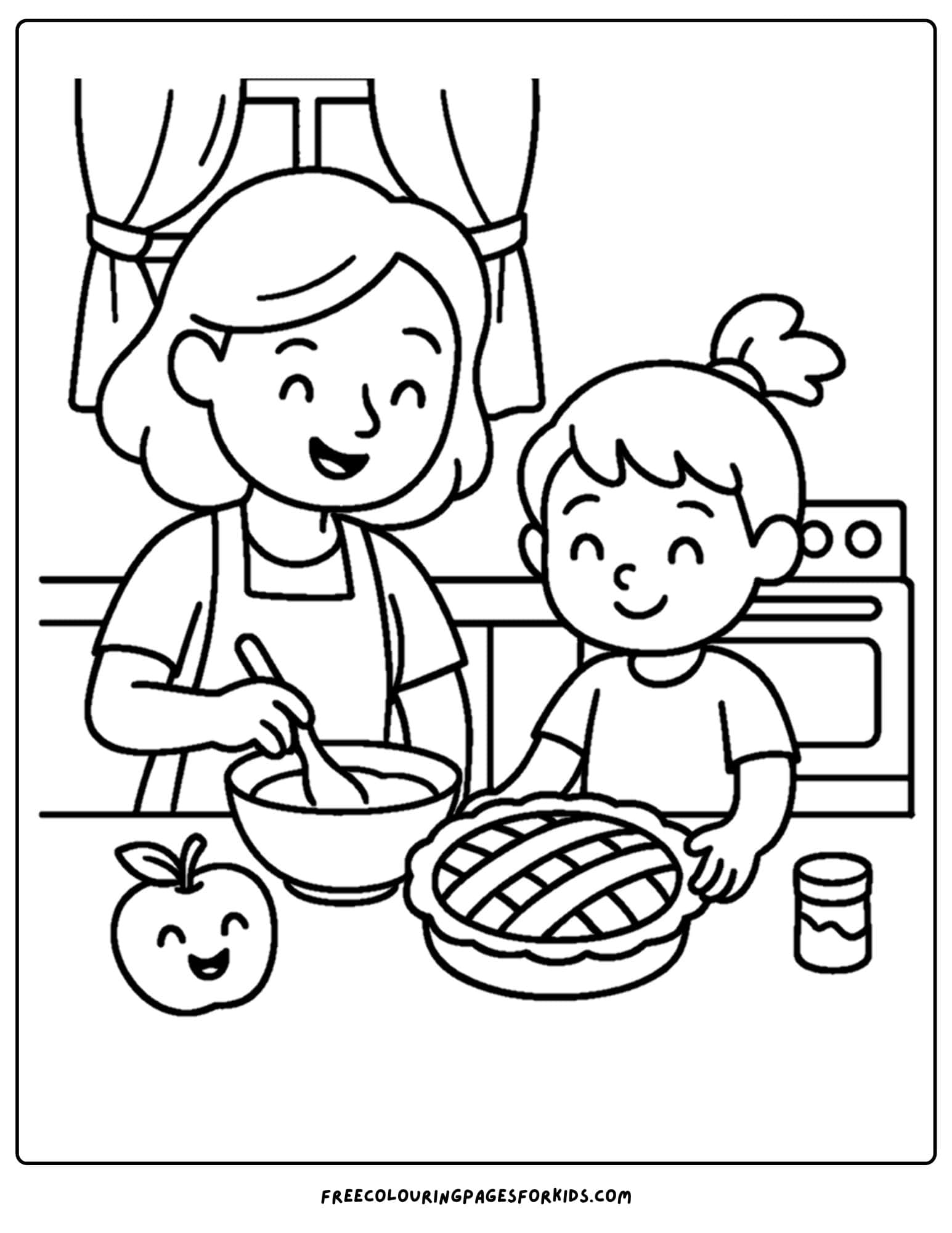 an orchard themed coloring page featuring a mother and daughter baking an apple pie