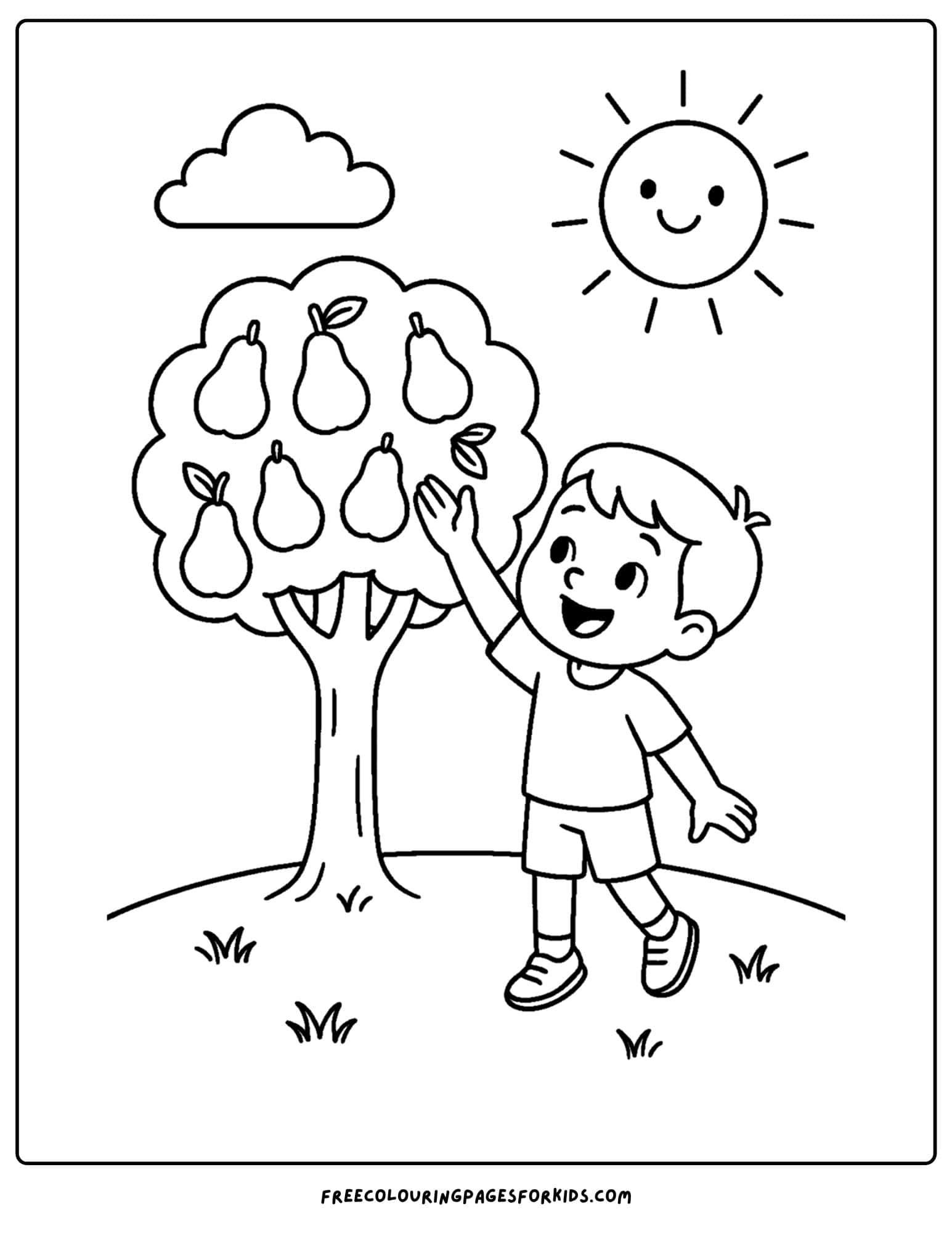 an orchard themed coloring page featuring a child picking pears