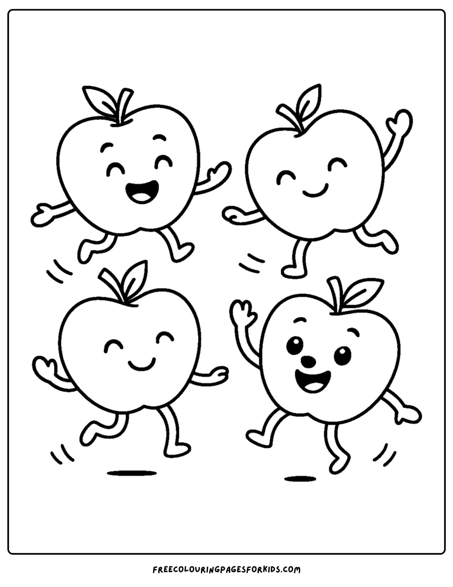 an orchard themed coloring page featuring dancing apples with faces