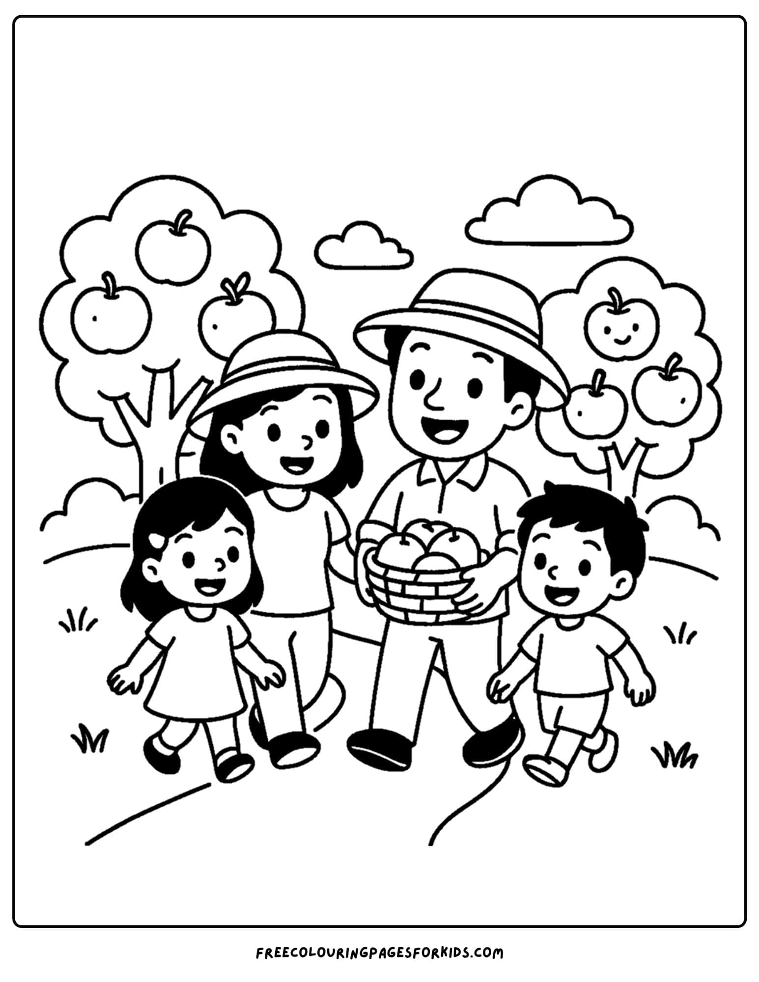 an orchard themed coloring page featuring a family walking in an orchard
