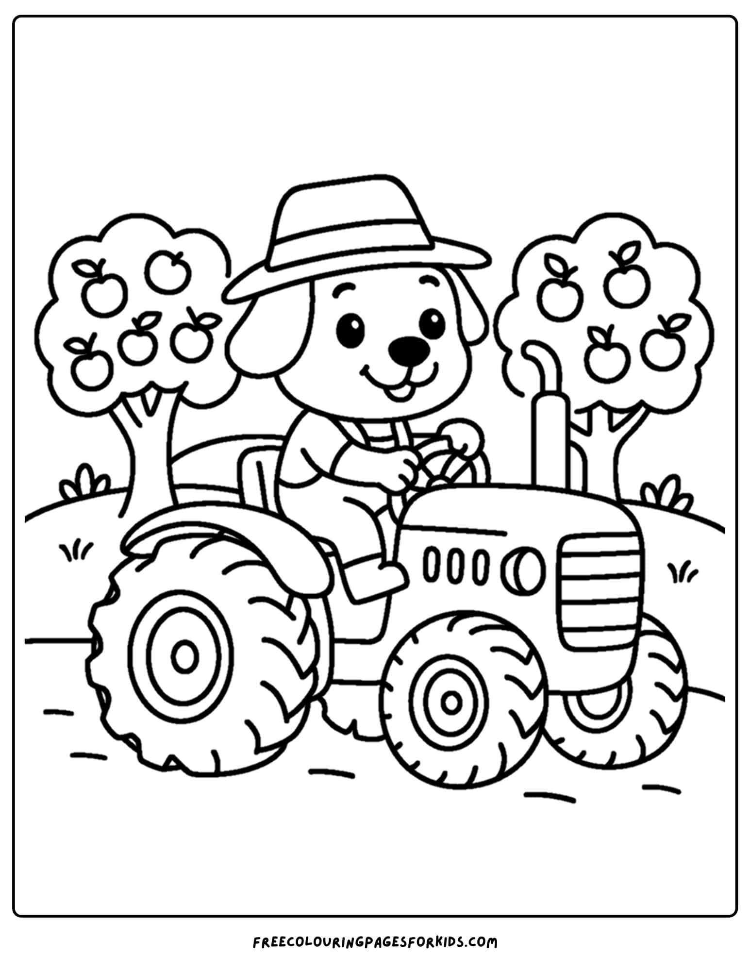 an orchard themed coloring page featuring a dog farmer driving a tractor