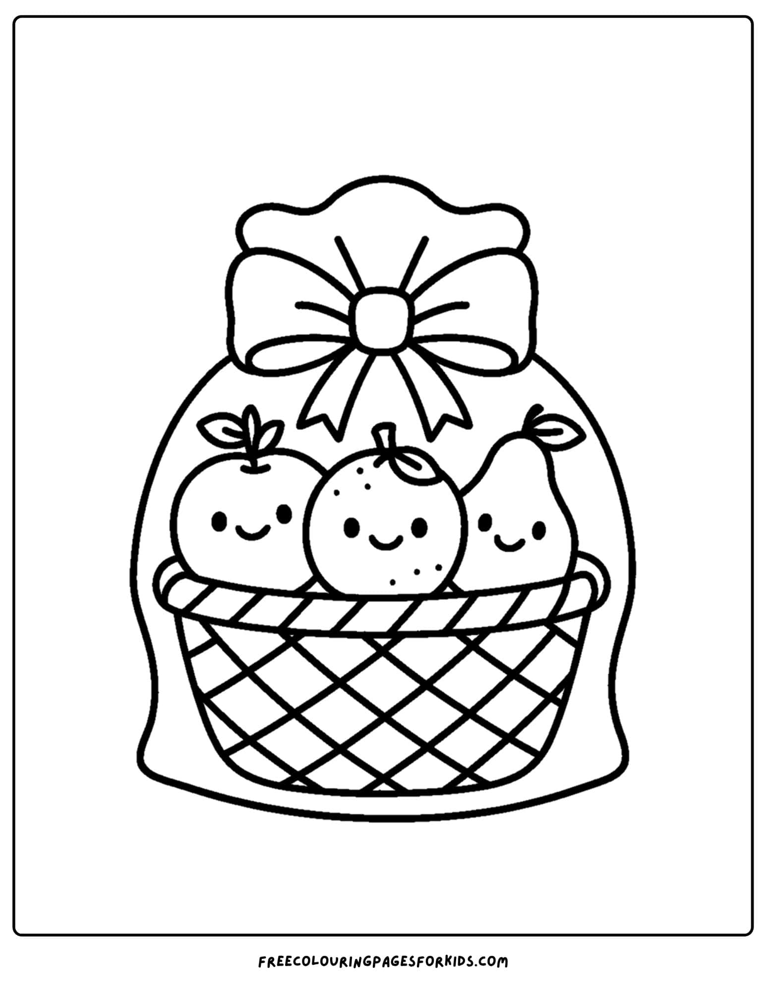 an orchard themed coloring page featuring a gift wrapped fruit basket