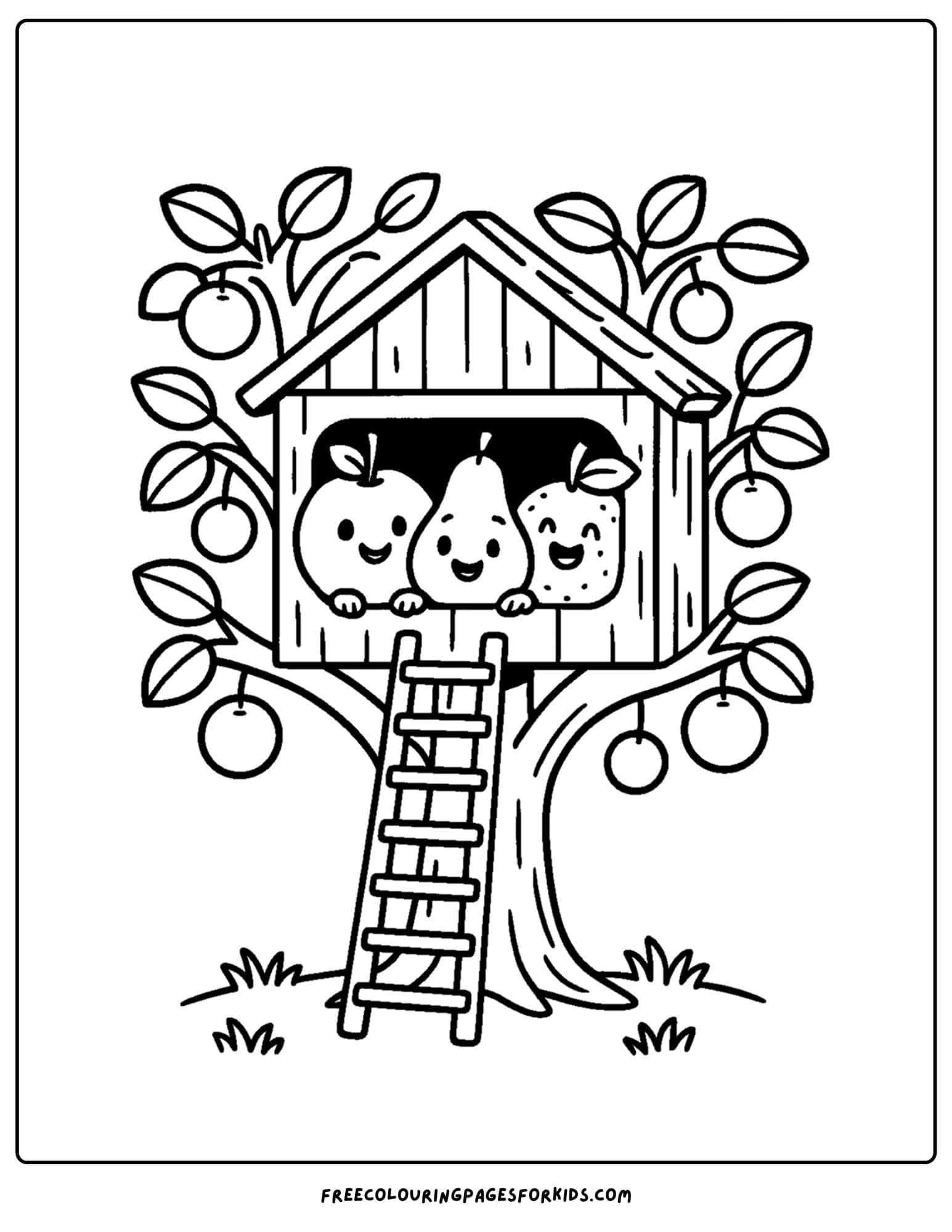 an orchard themed coloring page featuring fruit in a tree house