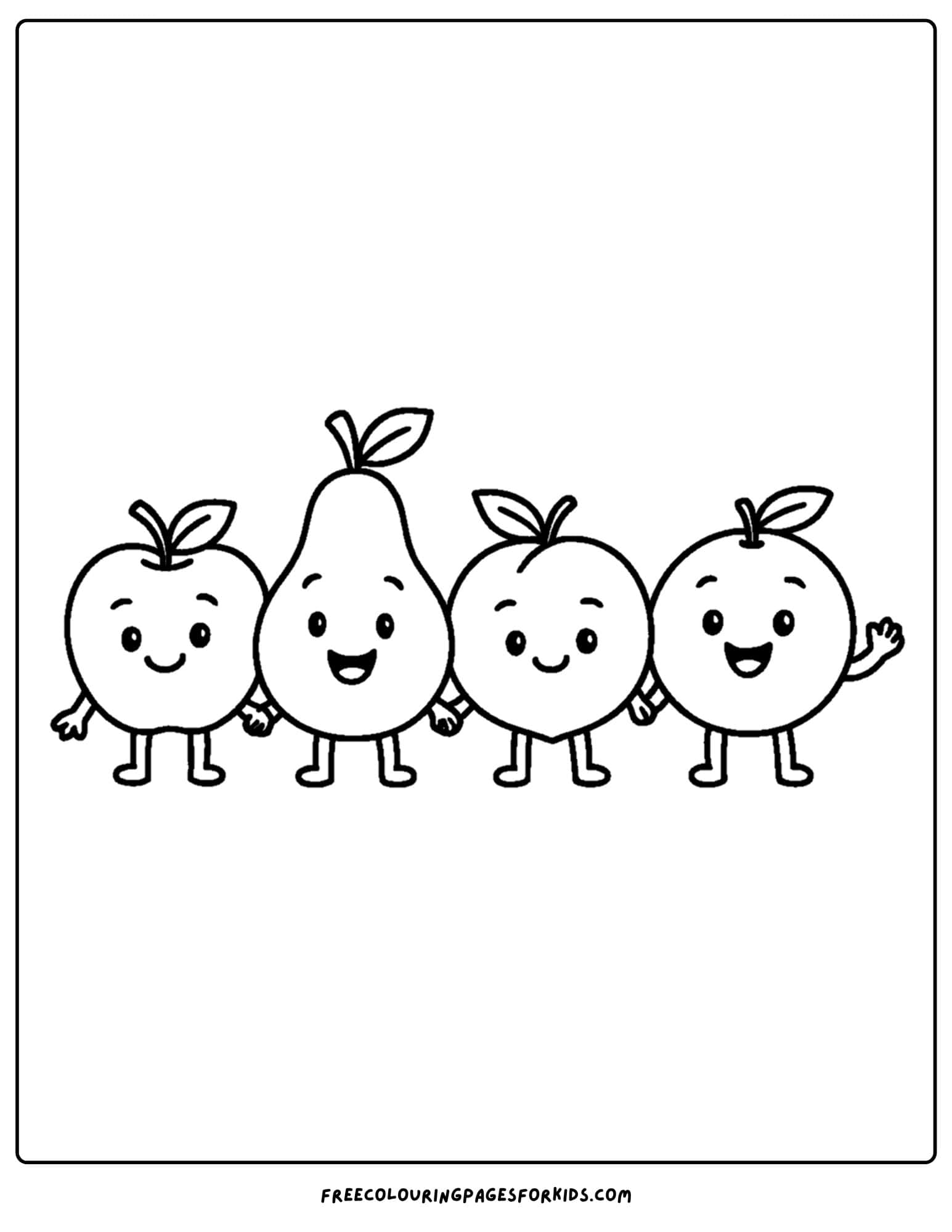 an orchard themed coloring page featuring waving fruit