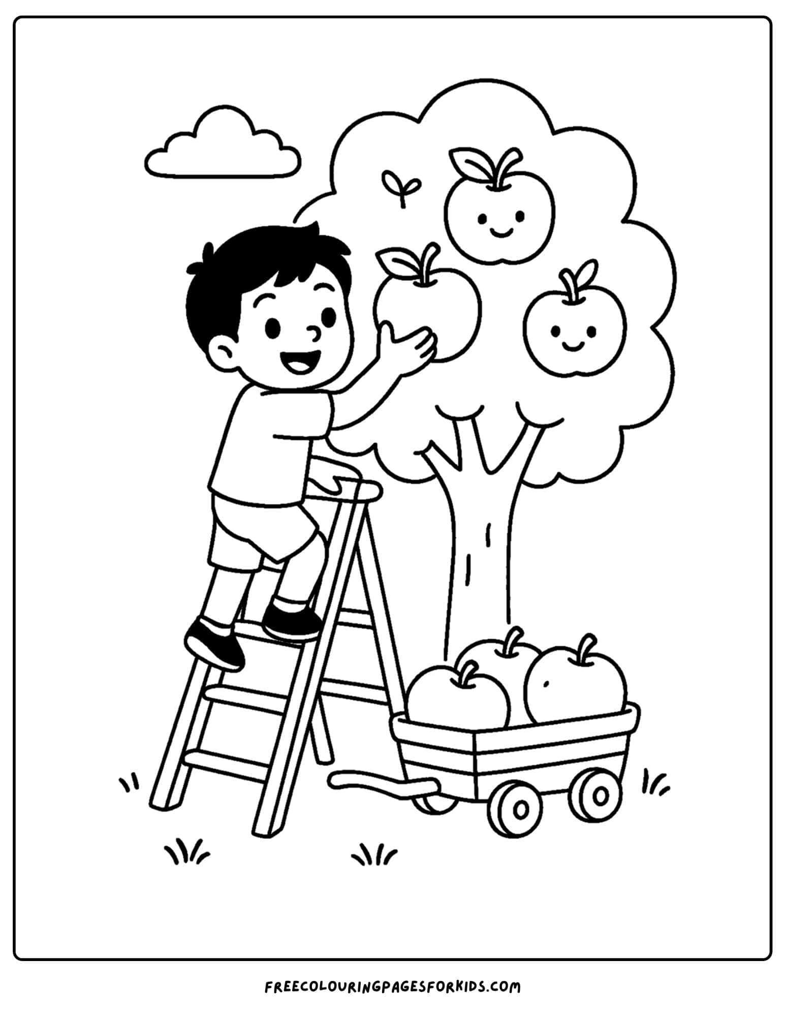 an orchard themed coloring page featuring a child climbing a ladder to pick fruit