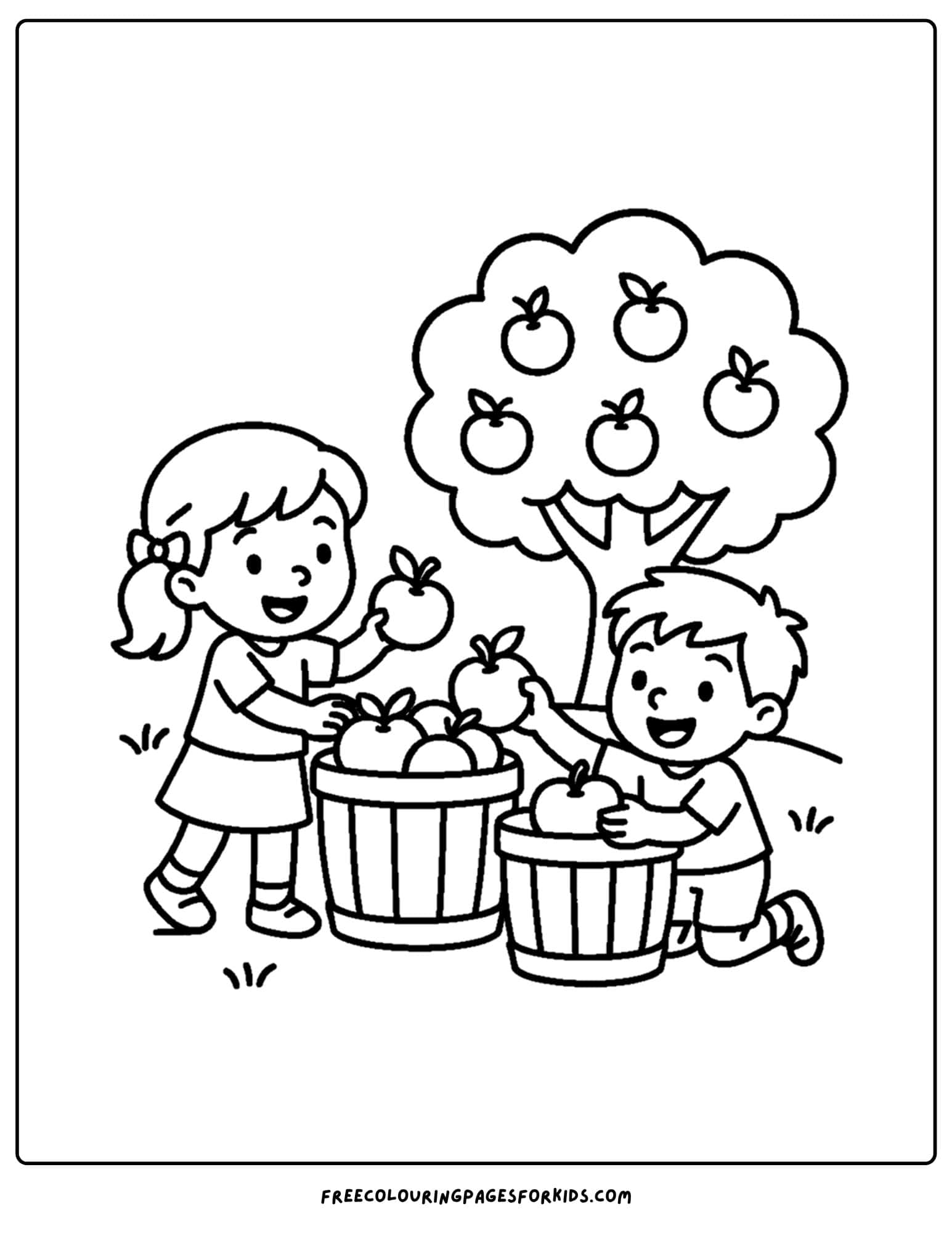 an orchard themed coloring page featuring kids filling wooden barrels with fruit