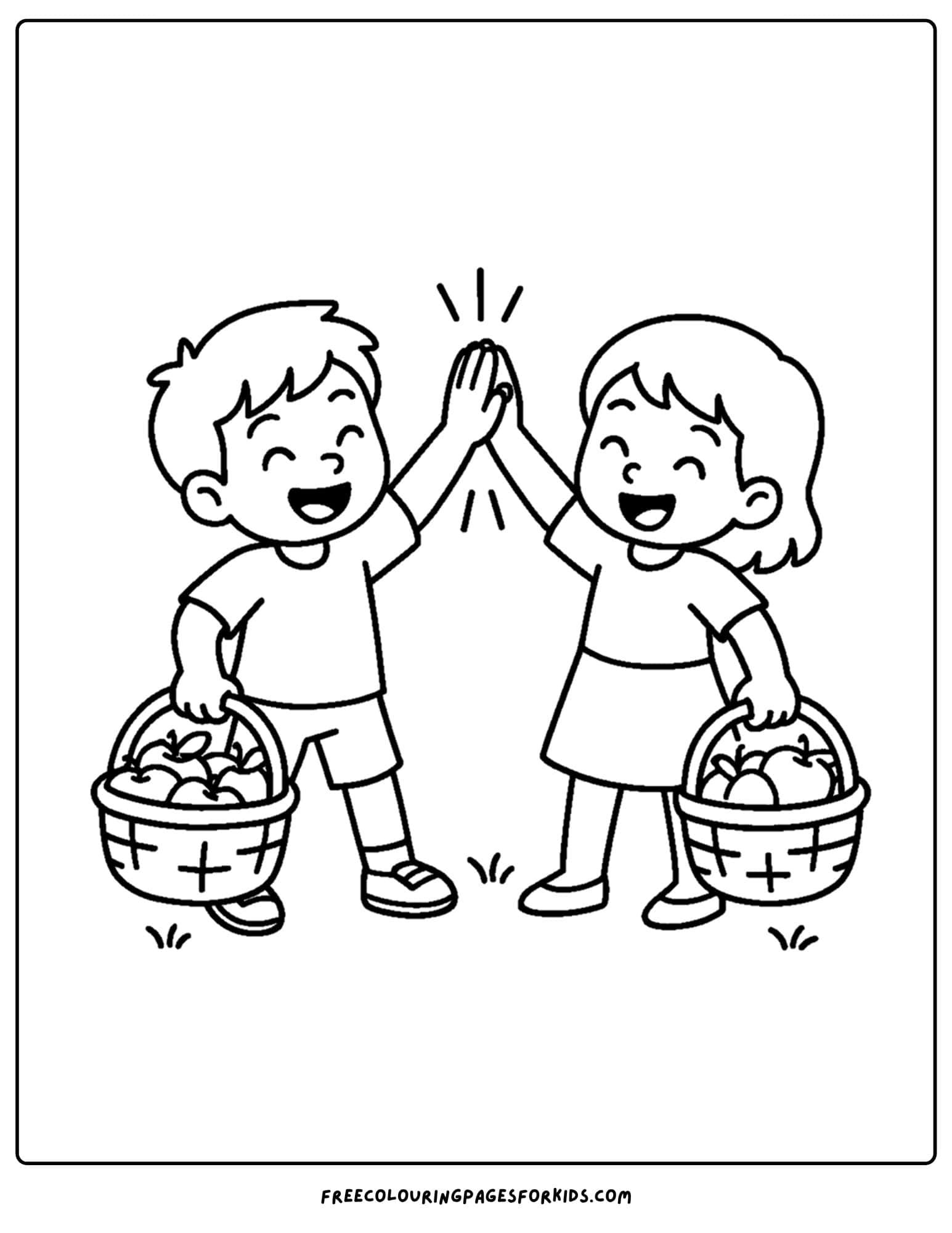 an orchard themed coloring page featuring kids high fiving with basket of fruits