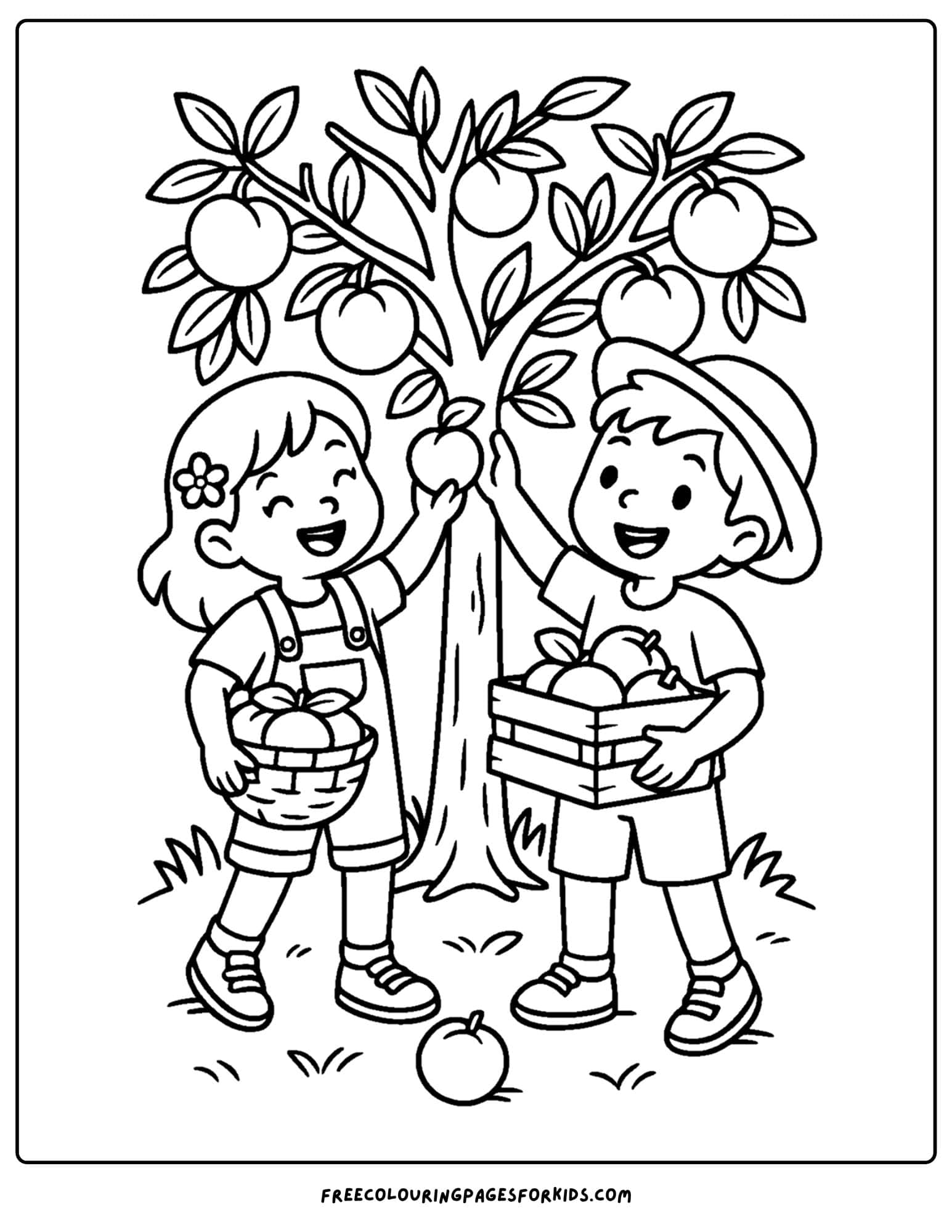 an orchard themed coloring page featuring kids picking fruit from a tree