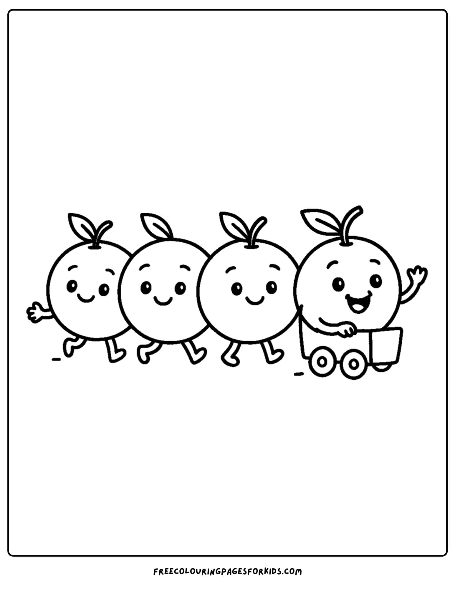 an orchard themed coloring page featuring oranges in a line