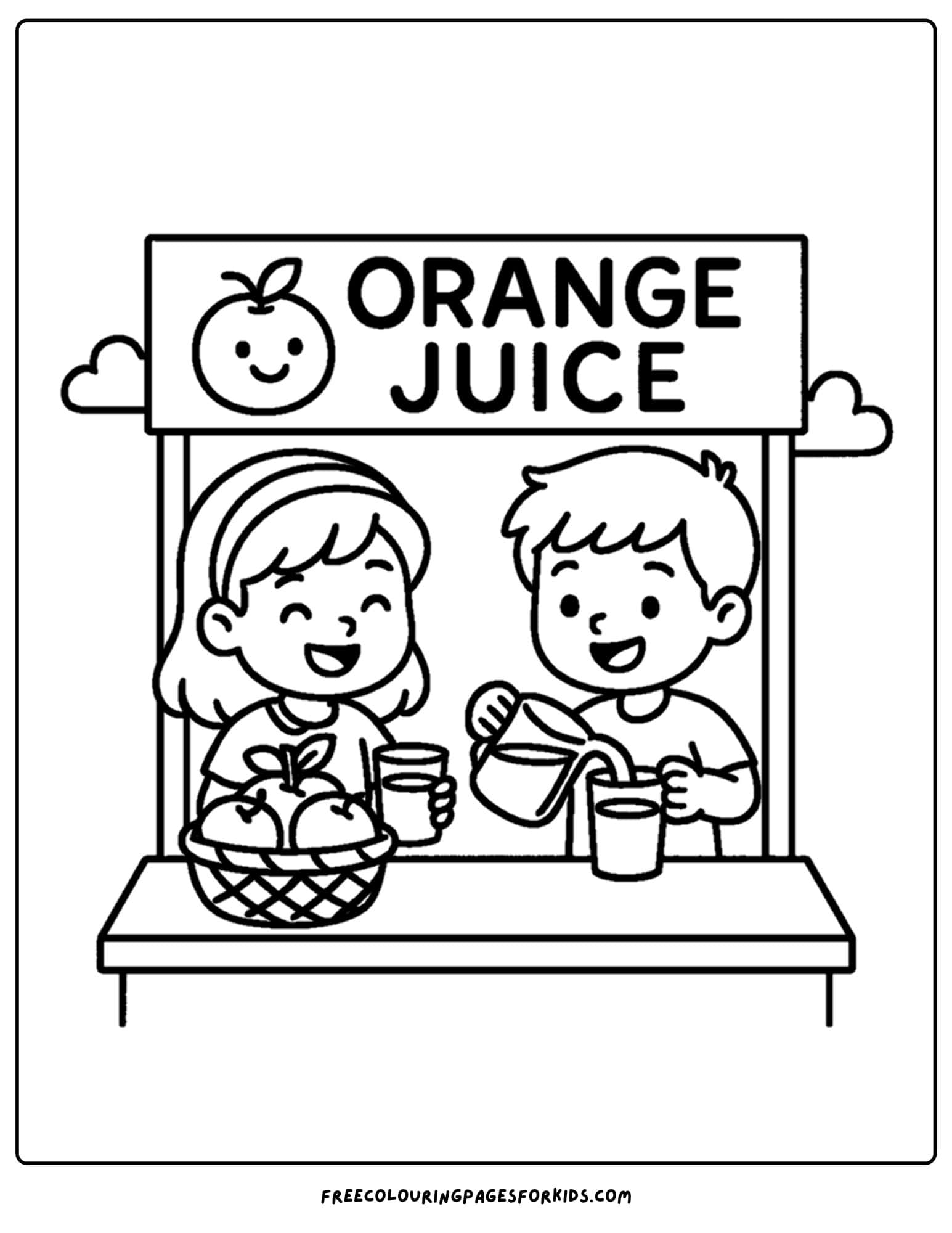 an orchard themed coloring page featuring kids selling orange juice