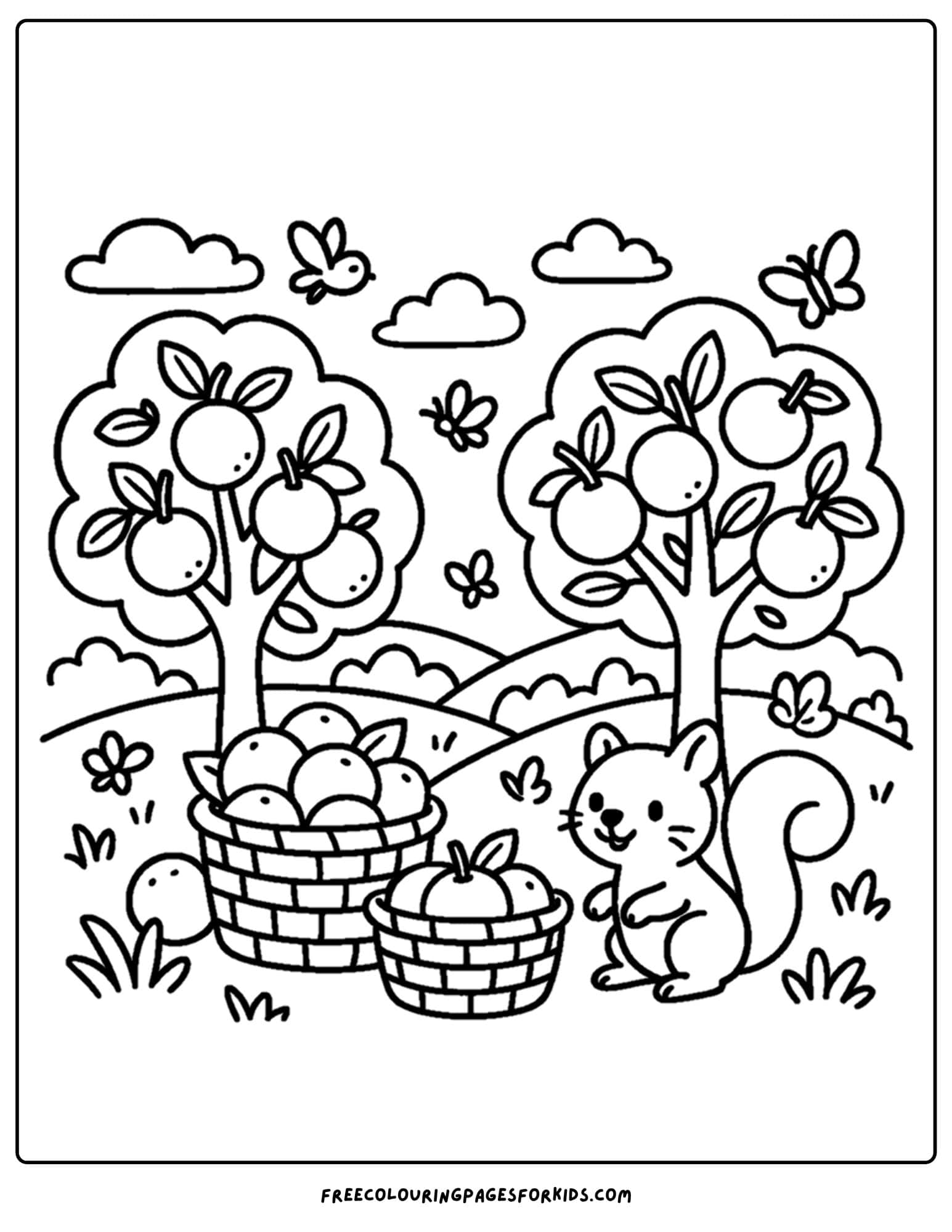 an orchard themed coloring page featuring an orchard with trees and rolling hills