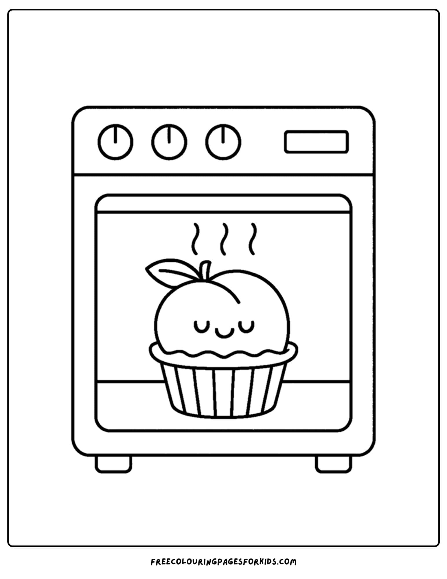 an orchard themed coloring page featuring a fruit muffin baking in the oven