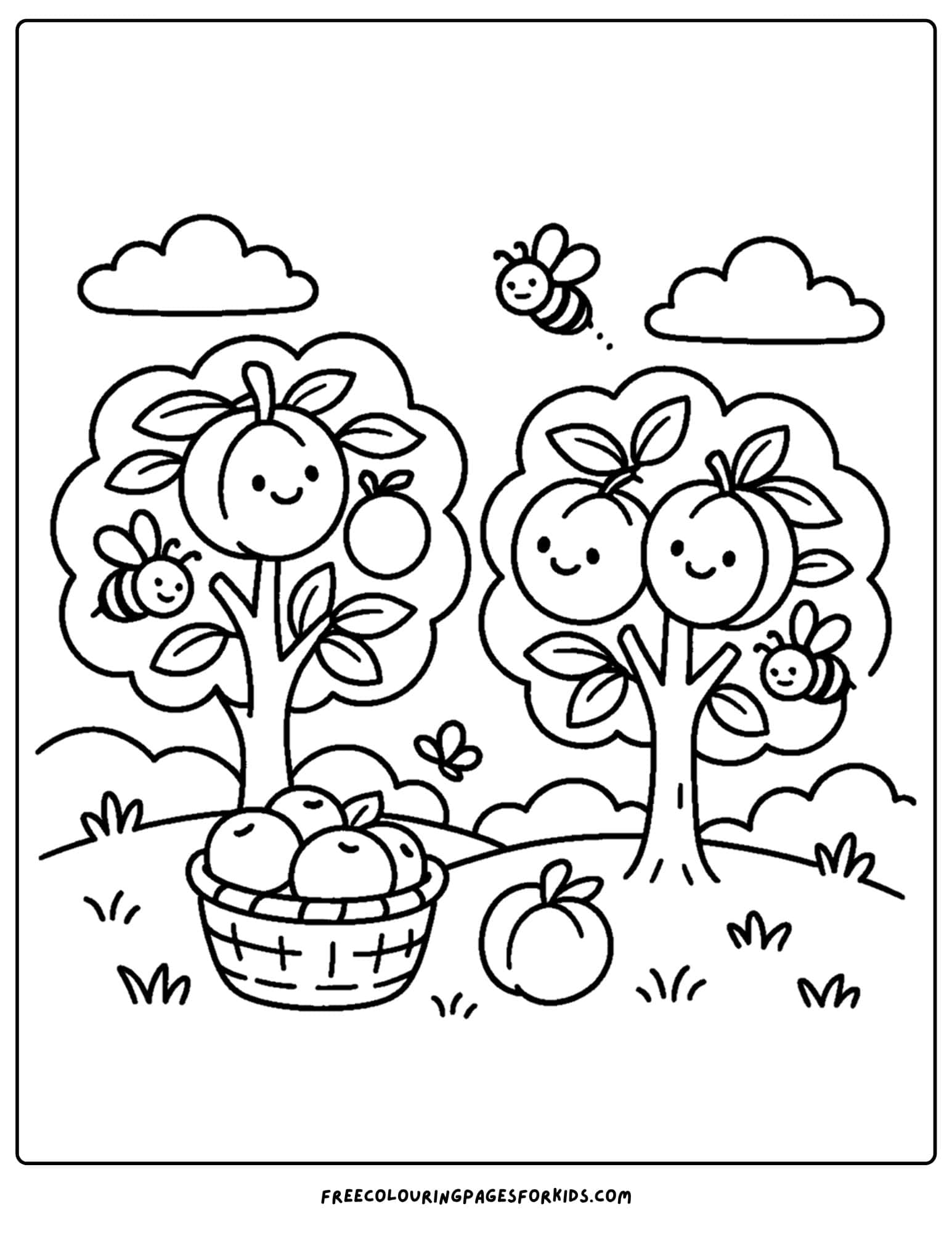an orchard themed coloring page featuring happy peach trees