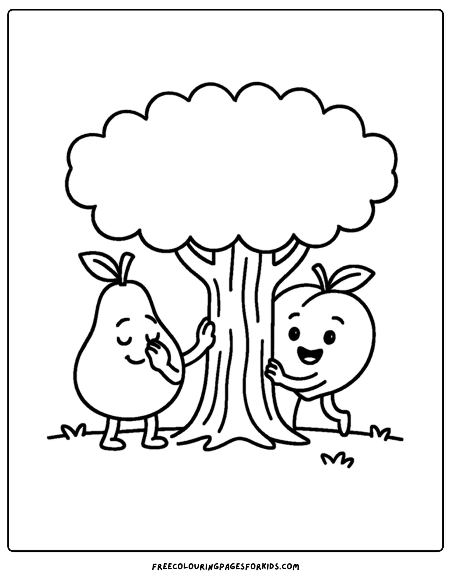 an orchard themed coloring page featuring a pear and peach playing hide and seek